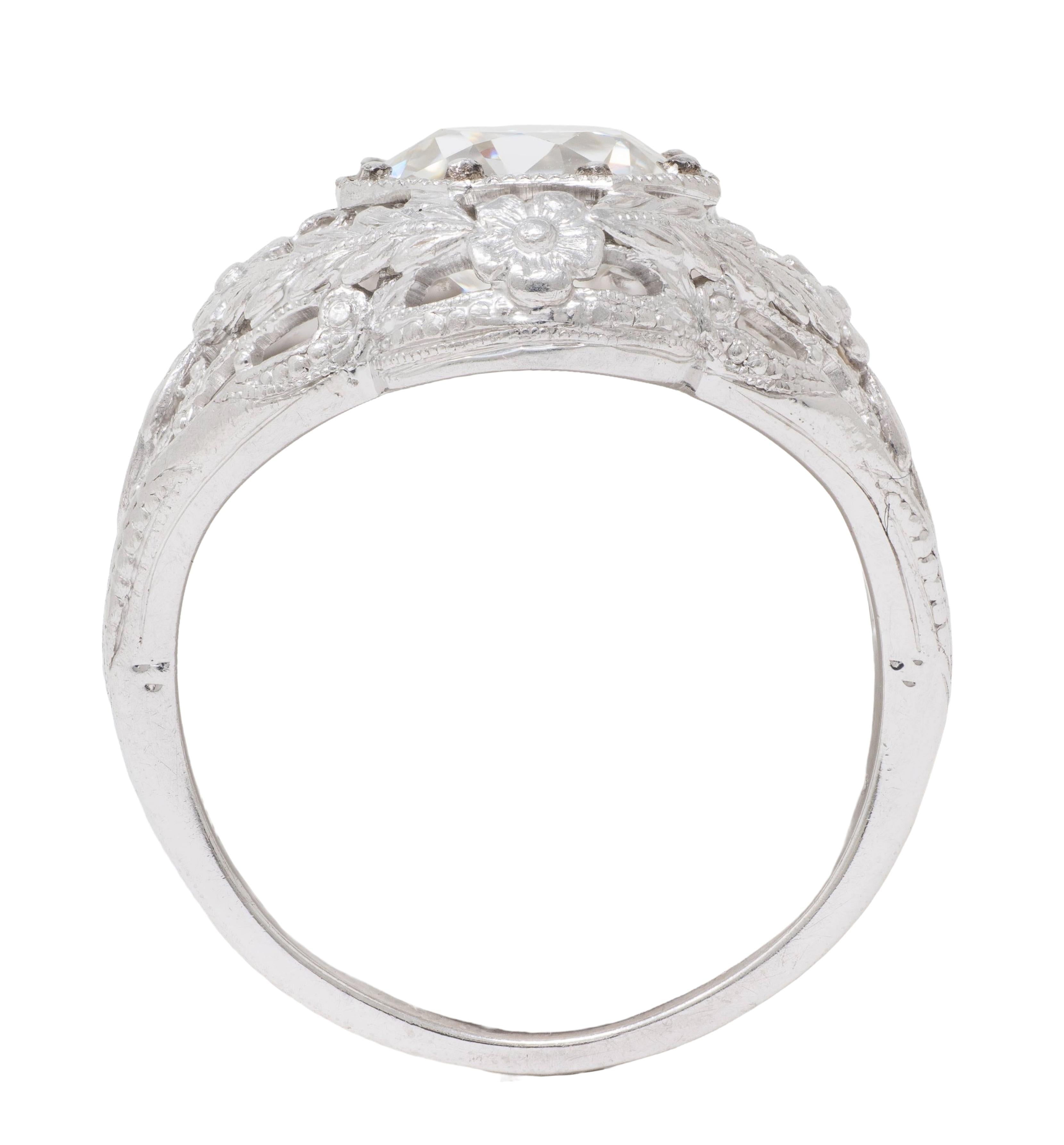 Art Deco Old European Cut Diamond 18K White Gold Floral Vintage Engagement Ring