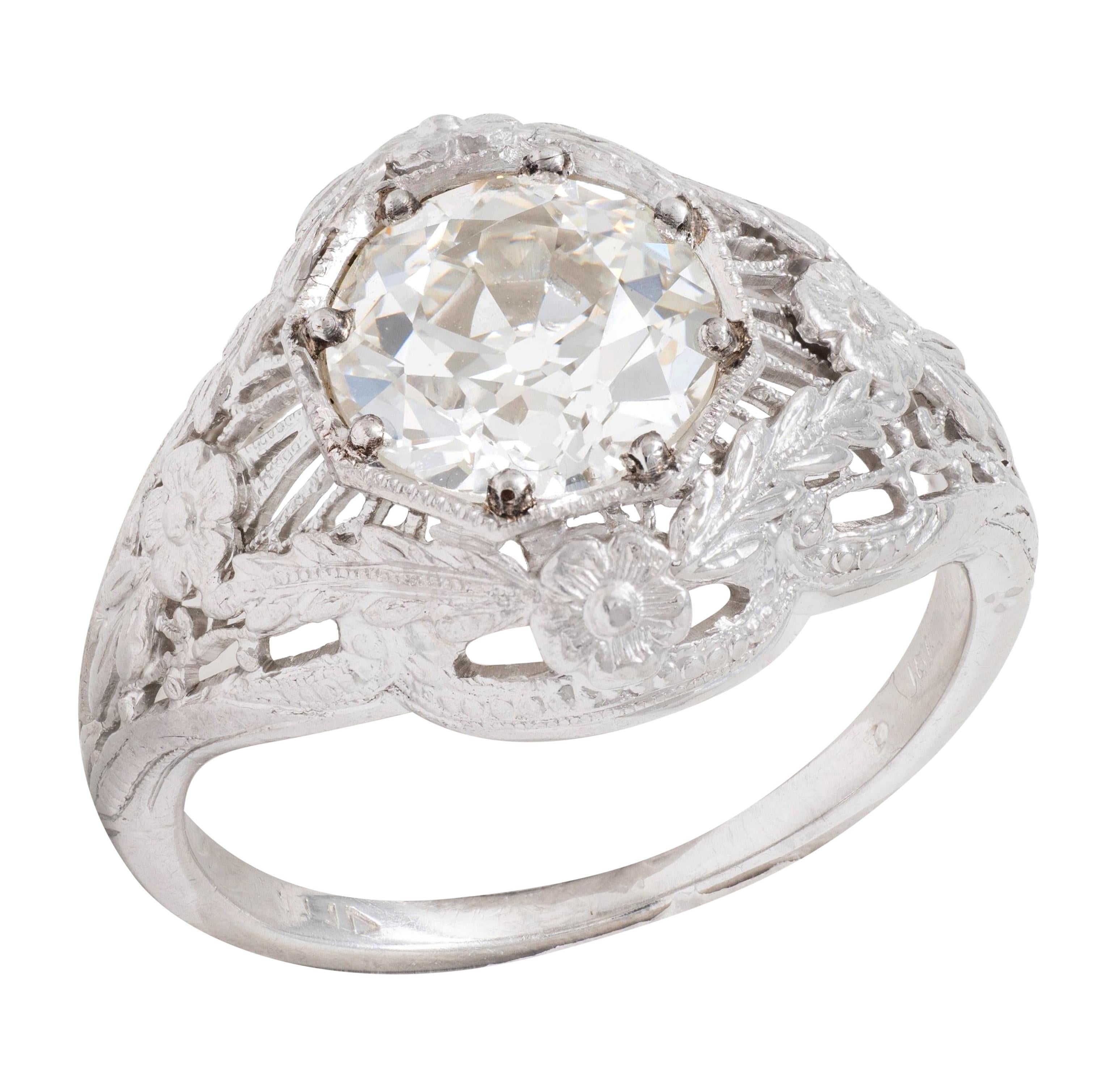 Art Deco Old European Cut Diamond 18K White Gold Floral Vintage Engagement Ring