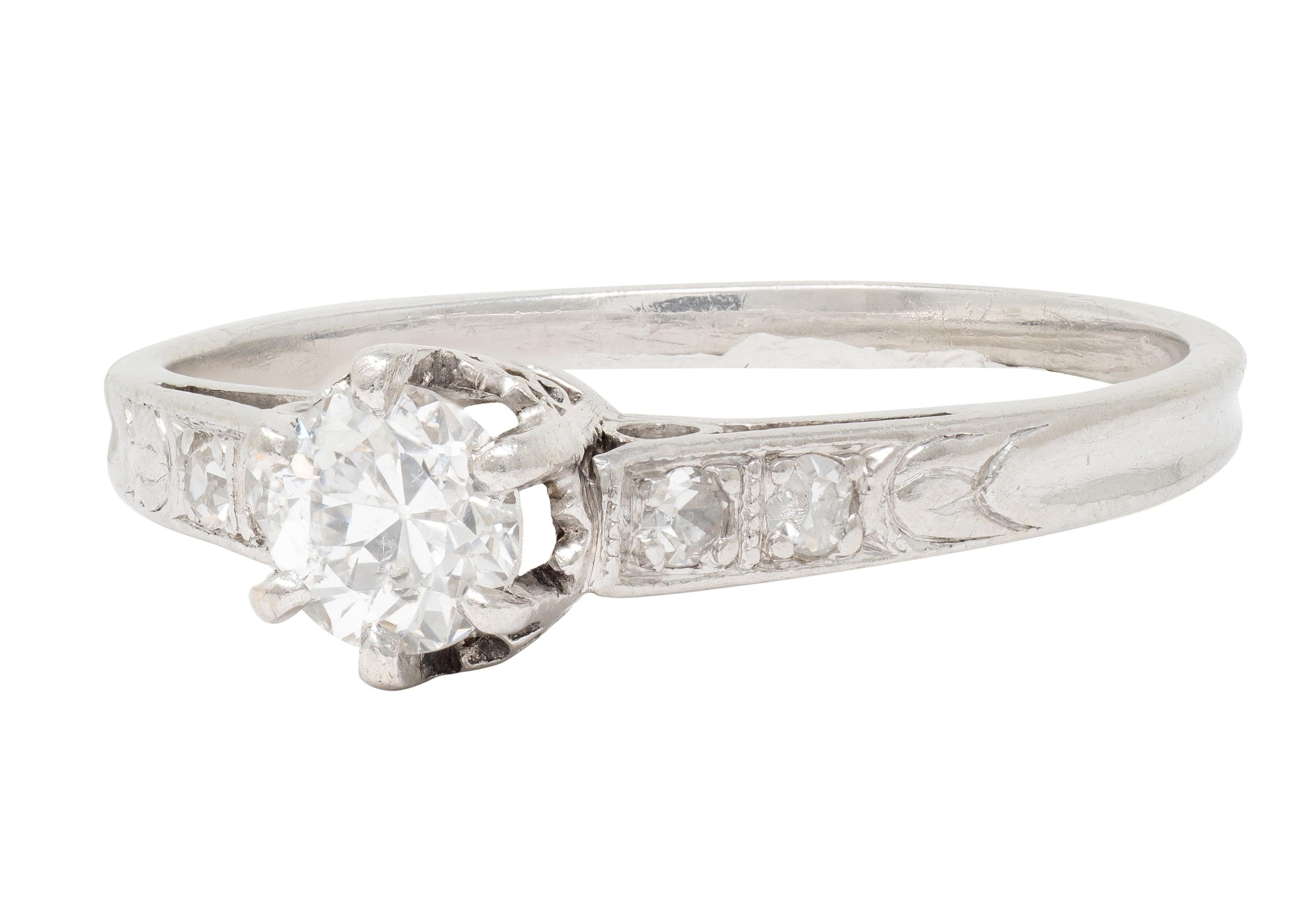 Art Deco Old Mine Cut Diamond Platinum Tulip Vintage Engagement Ring