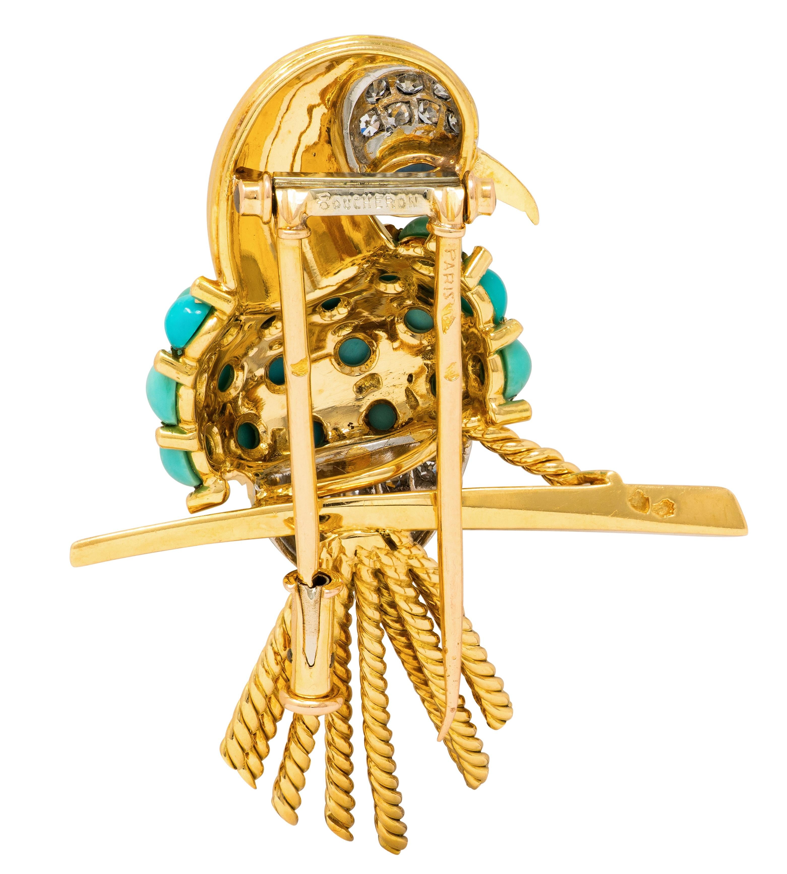 Boucheron Paris 1960s Turquoise Diamond 18K Gold Platinum Vintage Bird Brooch