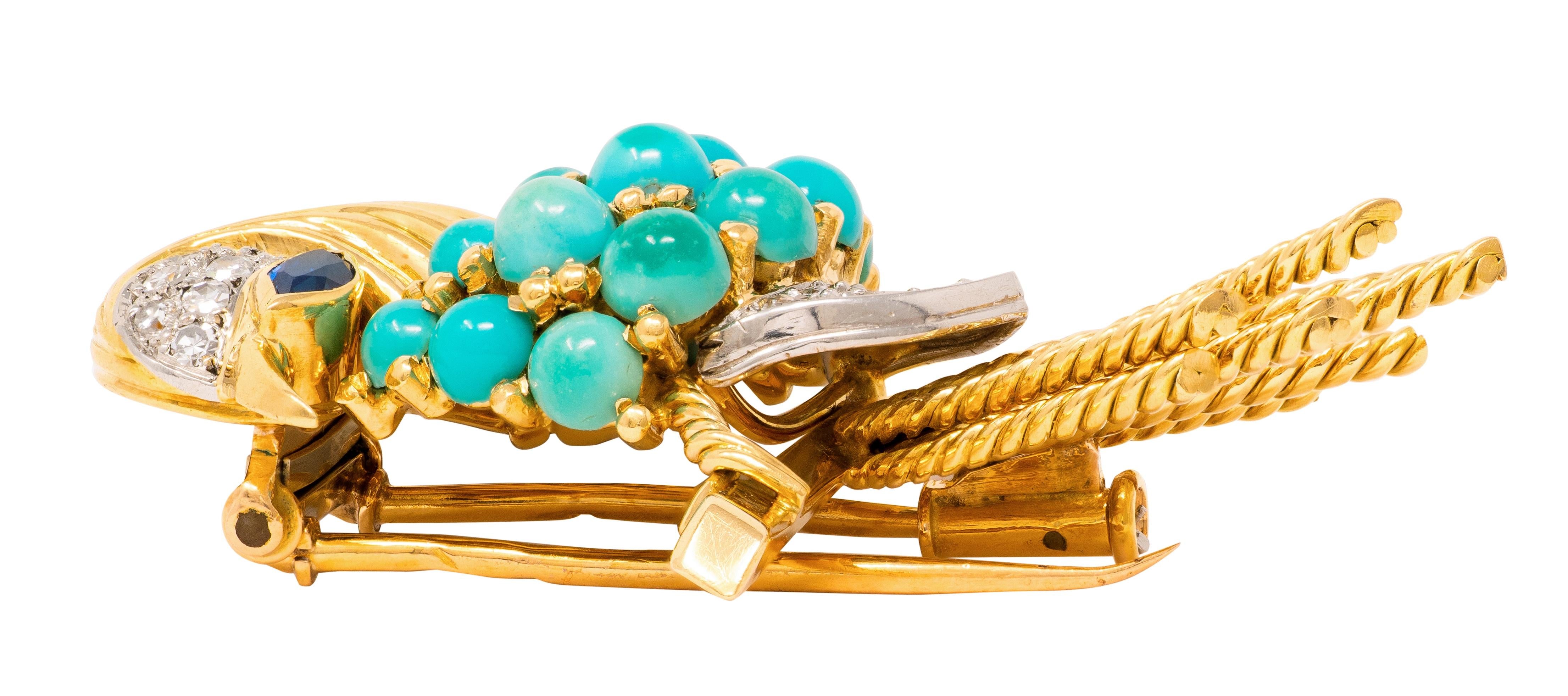 Boucheron Paris 1960s Turquoise Diamond 18K Gold Platinum Vintage Bird Brooch