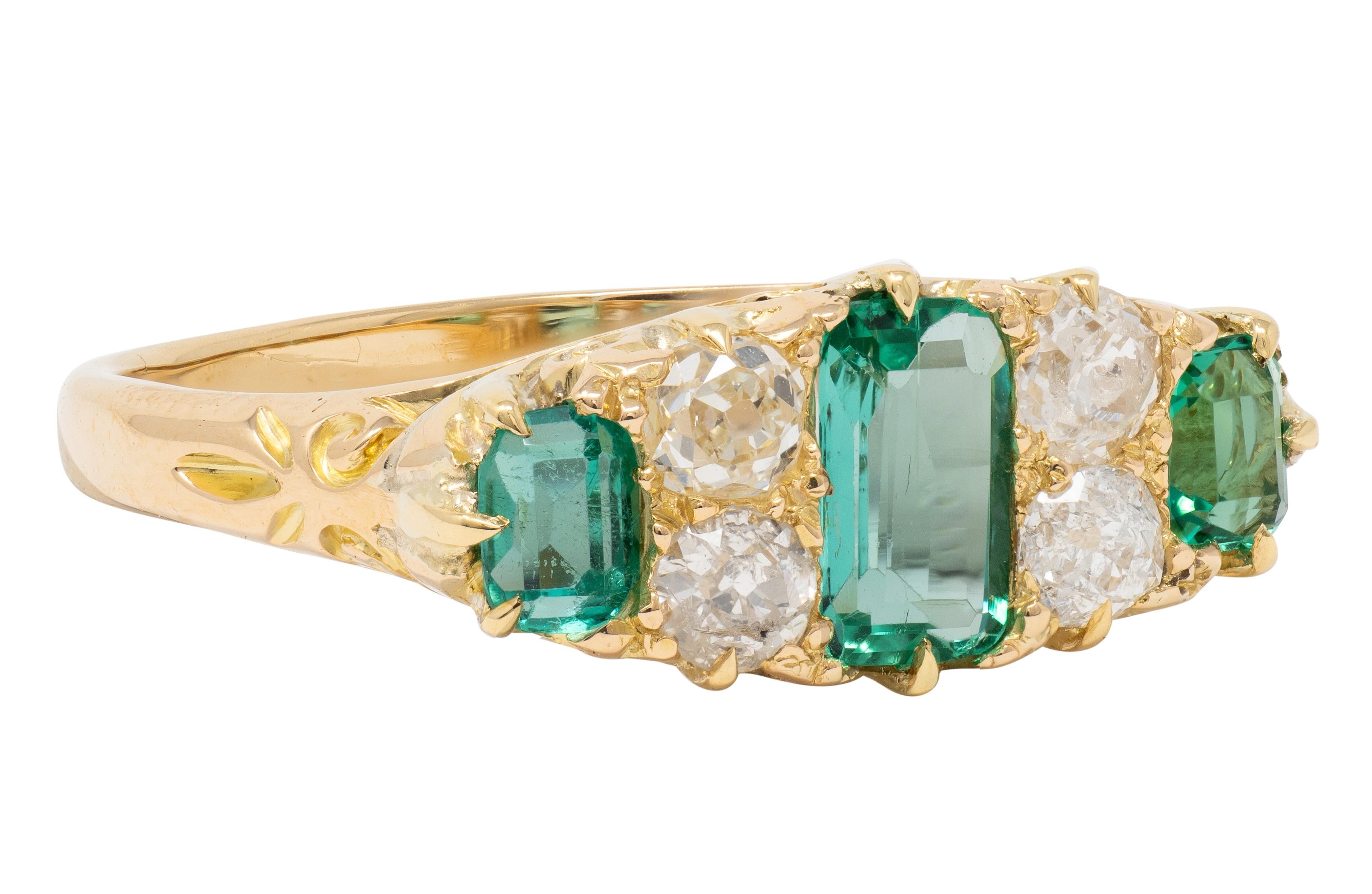 Victorian 1.16 CTW Emerald Diamond 18 Karat Yellow Gold Antique Scroll Band Ring