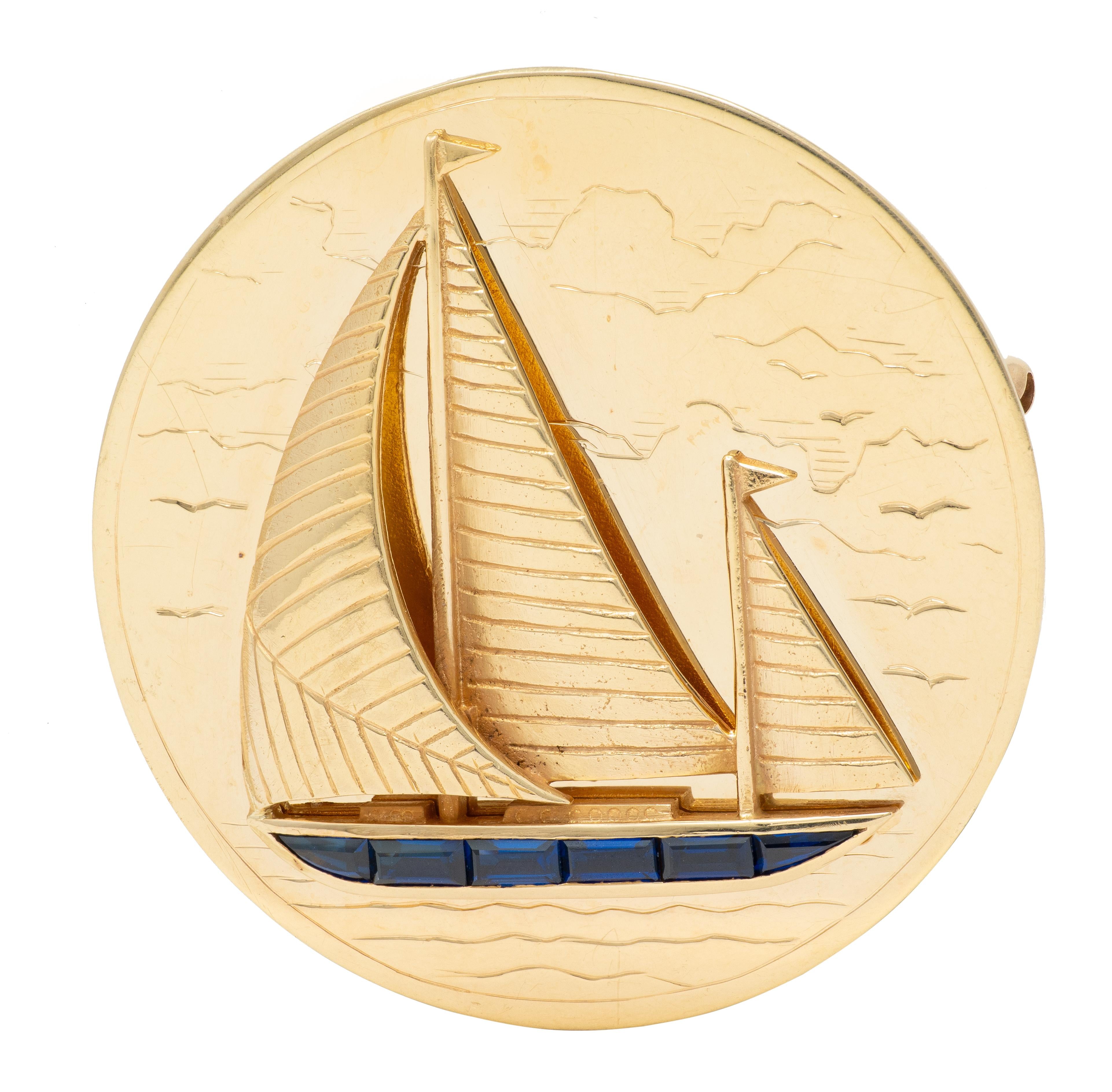 1960's Sapphire 14 Karat Yellow Gold Vintage Sailboat Brooch