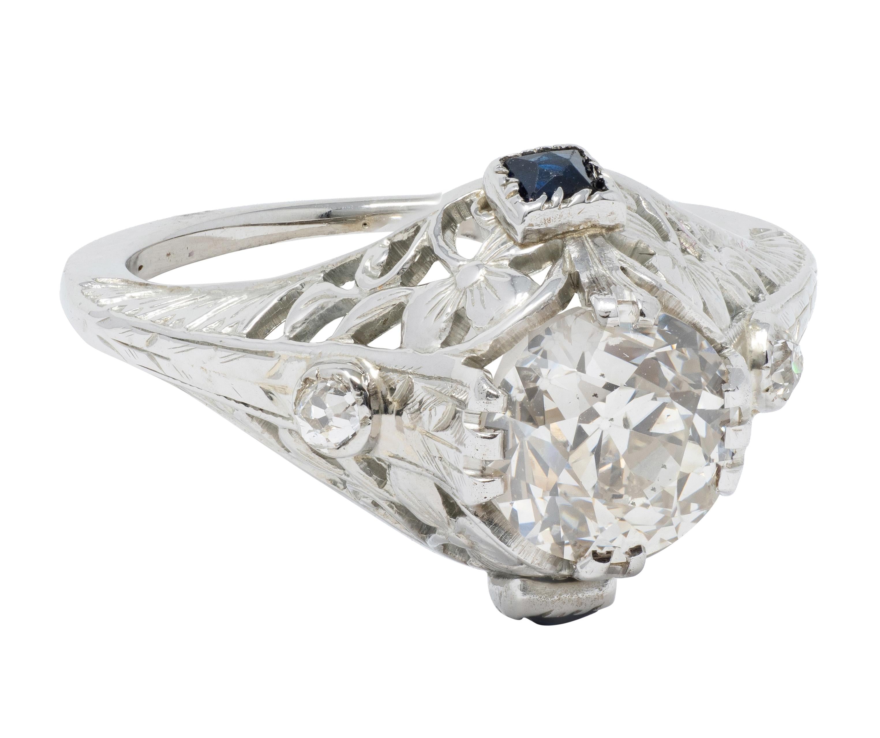 Art Deco Old European Diamond Sapphire 18K White Gold Vintage Engagement Ring