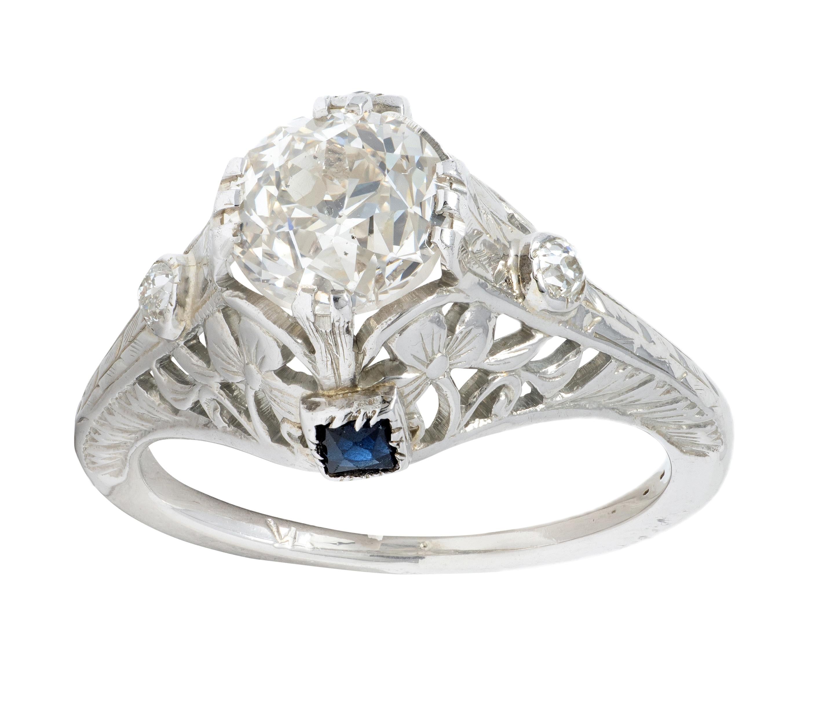 Art Deco Old European Diamond Sapphire 18K White Gold Vintage Engagement Ring