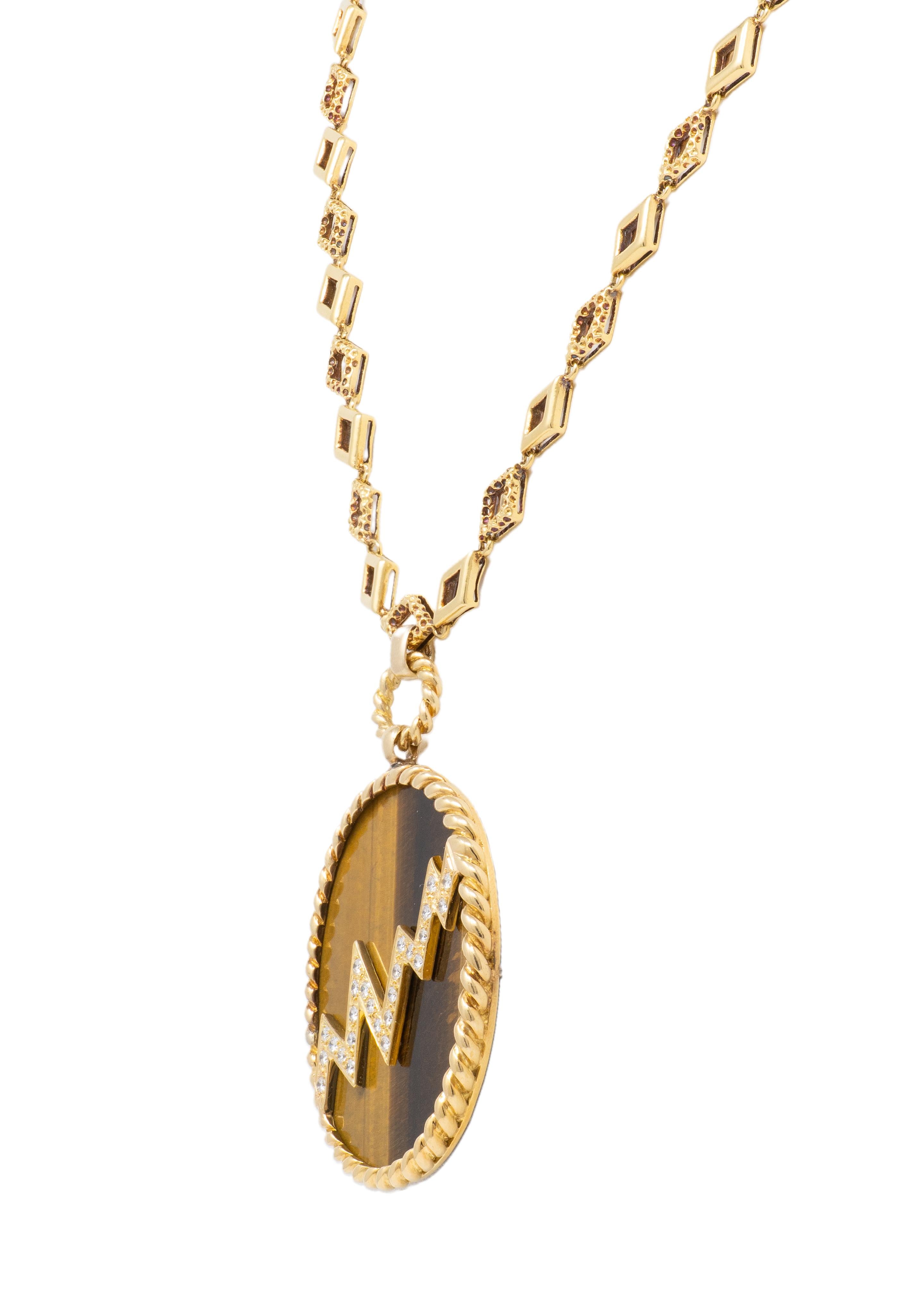 Van Cleef & Arpels French Diamond Tiger's Eye 18K Gold Vintage Pendant Necklace