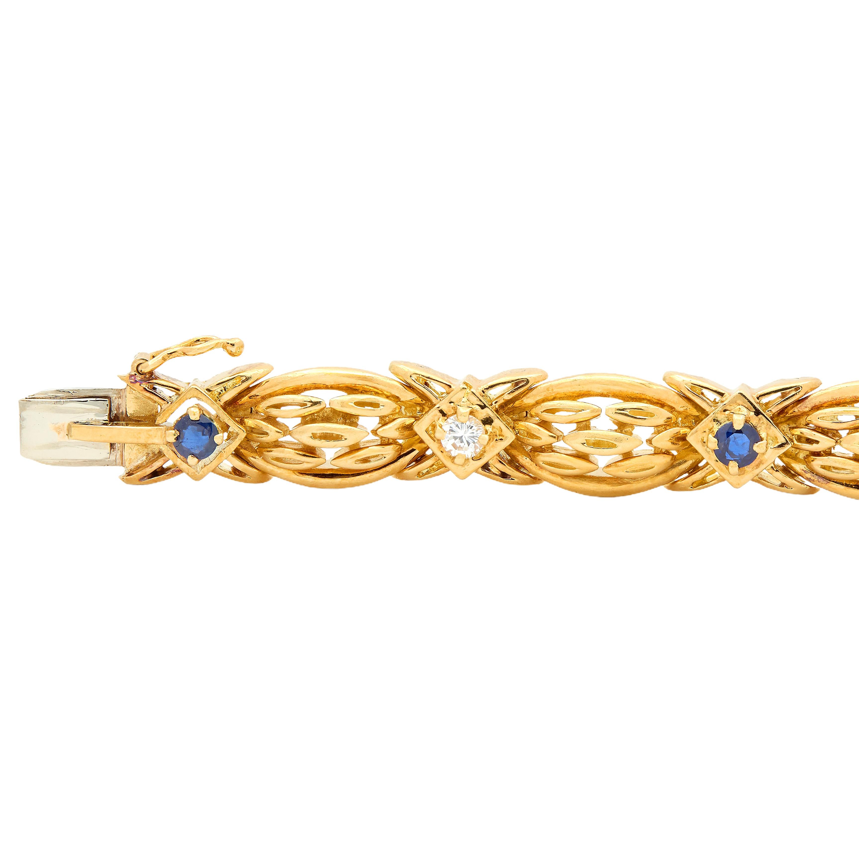 Tiffany & Co. 1990's 1.04 CTW Sapphire Diamond 18K Gold Vintage Wheat Bracelet