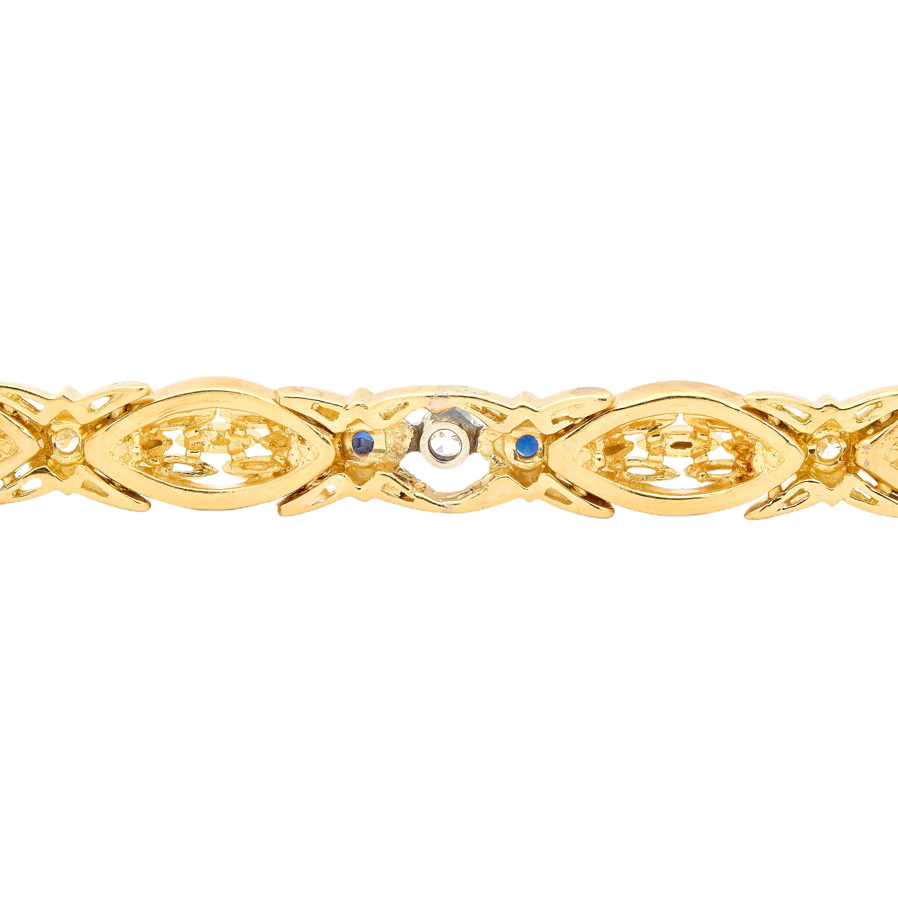 Tiffany & Co. 1990's 1.04 CTW Sapphire Diamond 18K Gold Vintage Wheat Bracelet