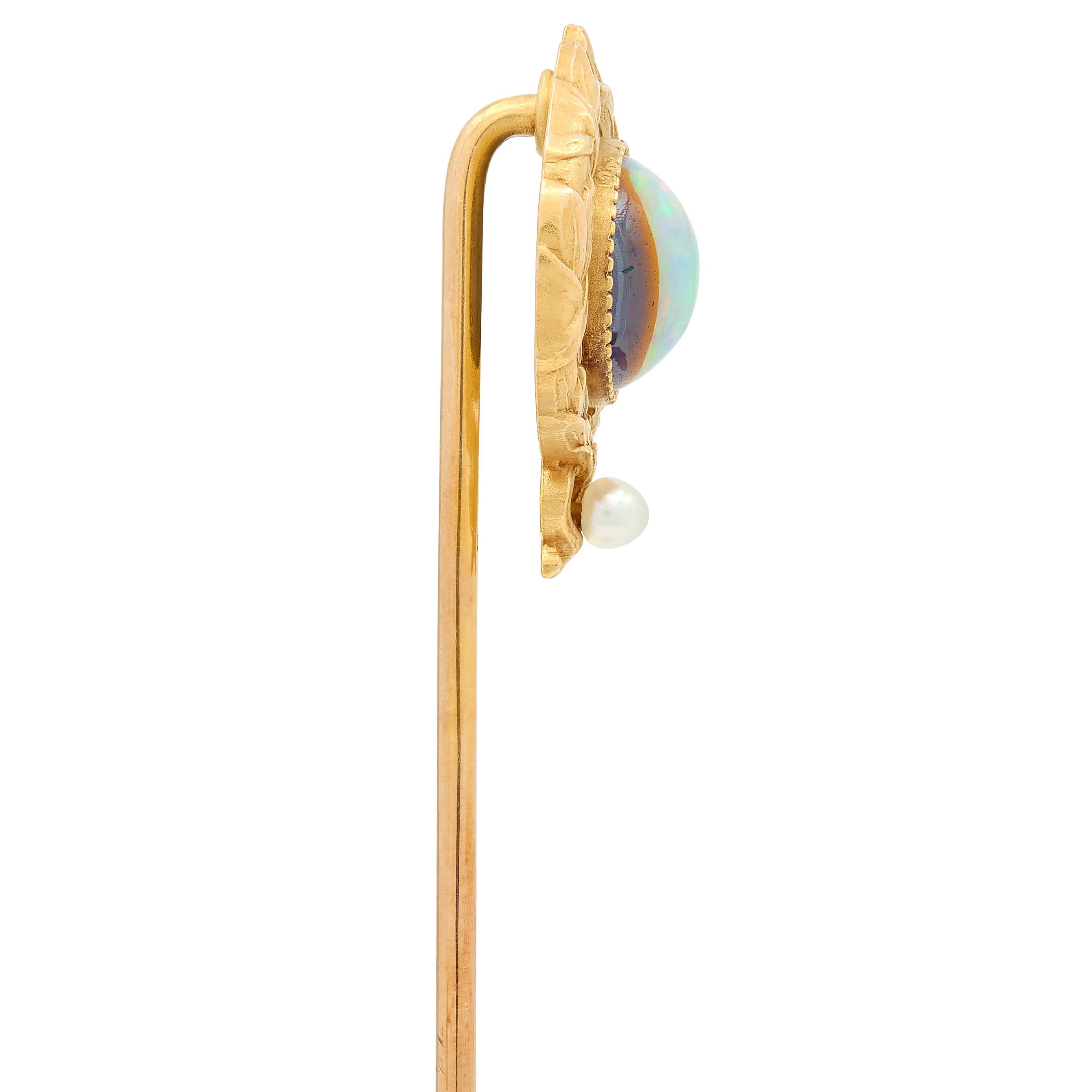 Late Victorian Opal Pearl 14 Karat Yellow Gold Antique Laurel Stickpin