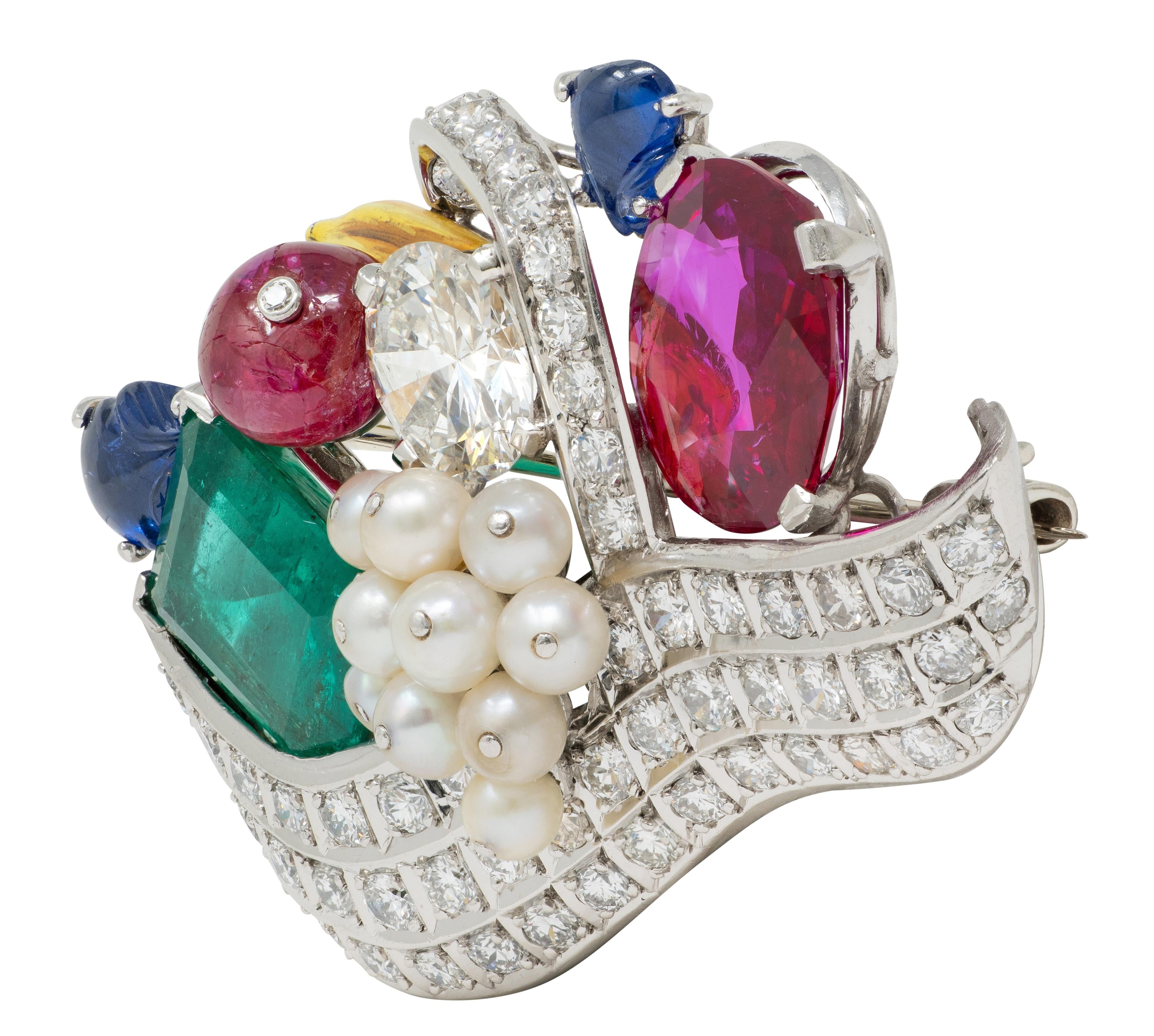 Mauboussin 1950 Burma Ruby Multi-Gem Platinum Vintage Tutti-Frutti Basket Brooch