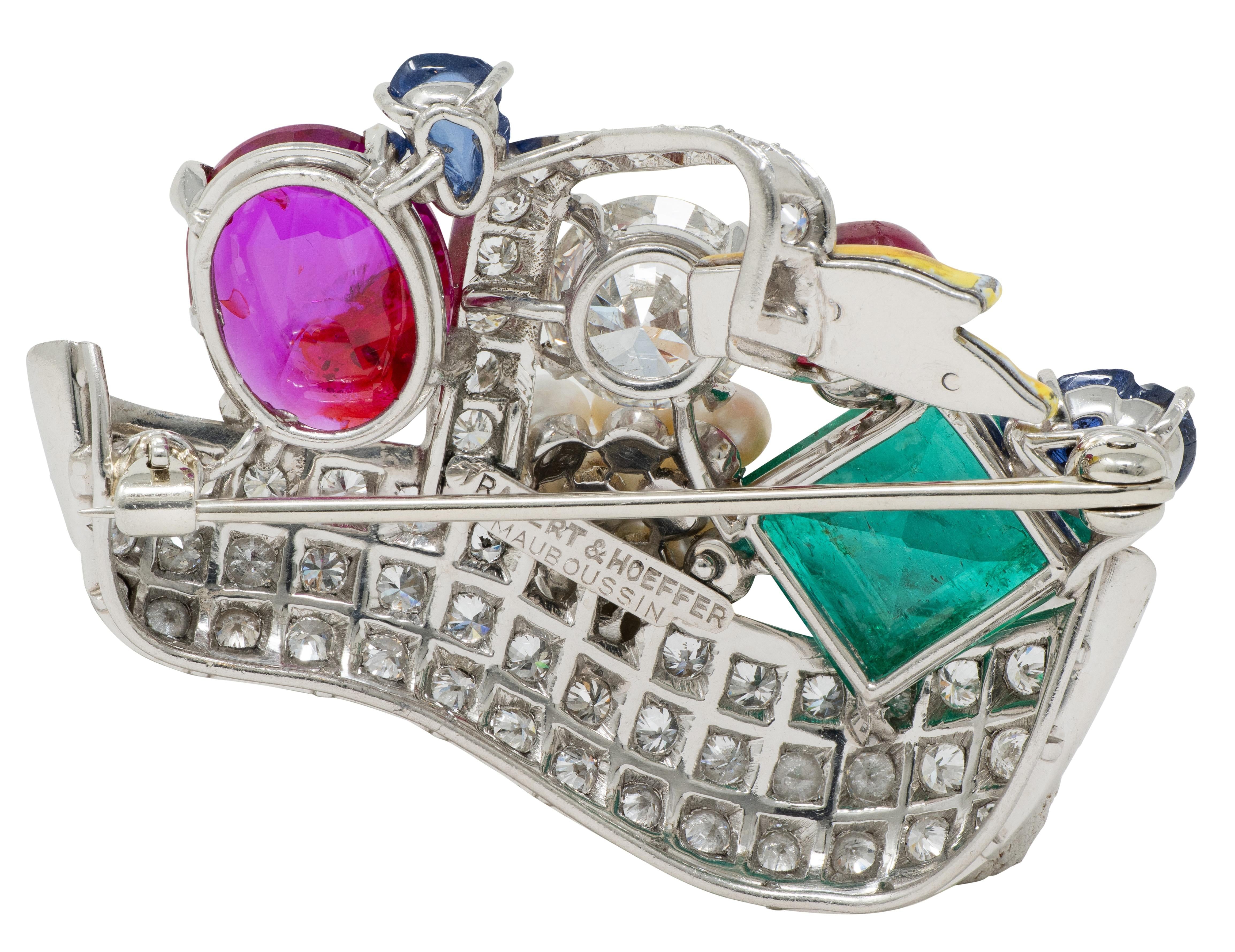 Mauboussin 1950 Burma Ruby Multi-Gem Platinum Vintage Tutti-Frutti Basket Brooch