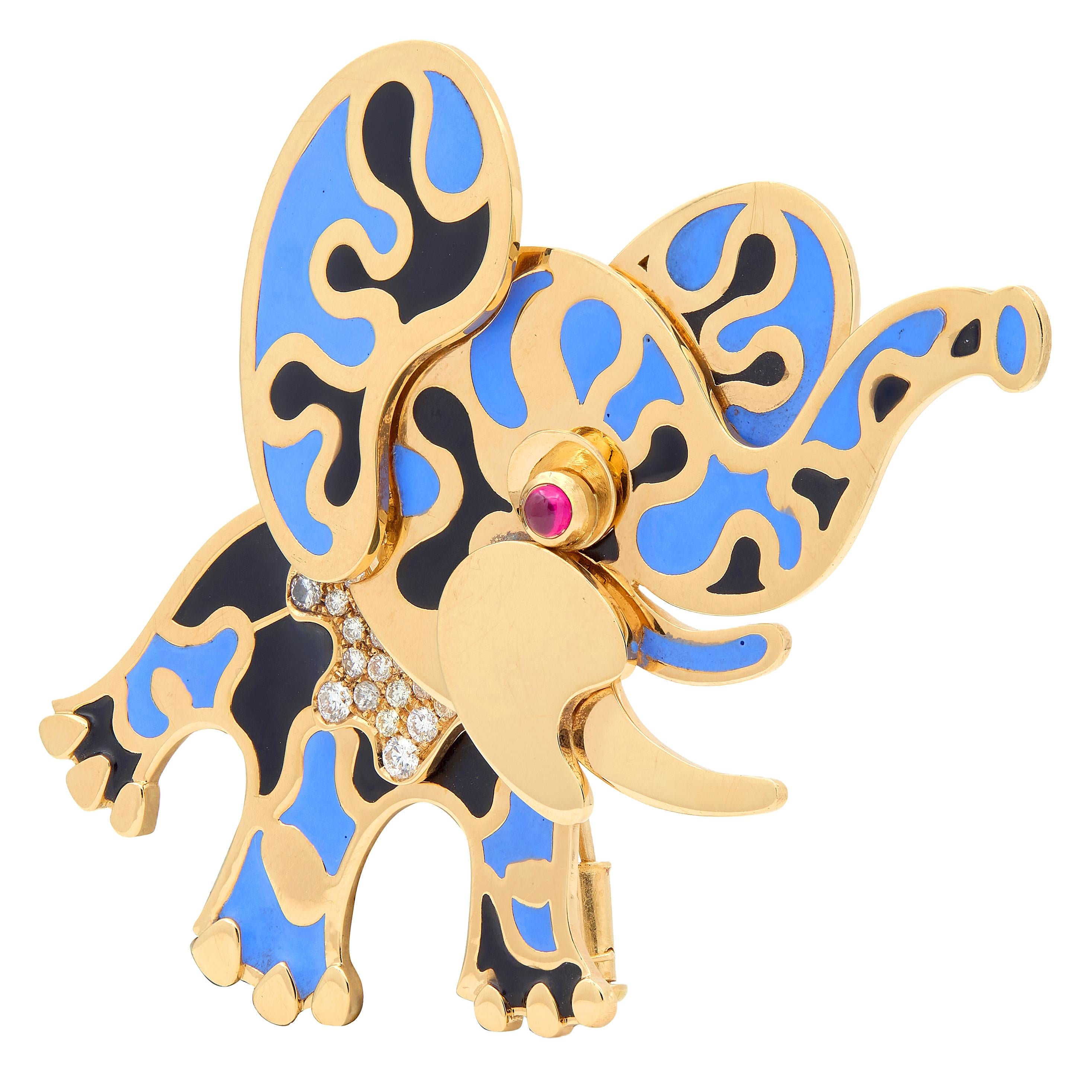 Bulgari 1980's Ruby Diamond Enamel 18 Karat Yellow Gold Vintage Elephant Brooch