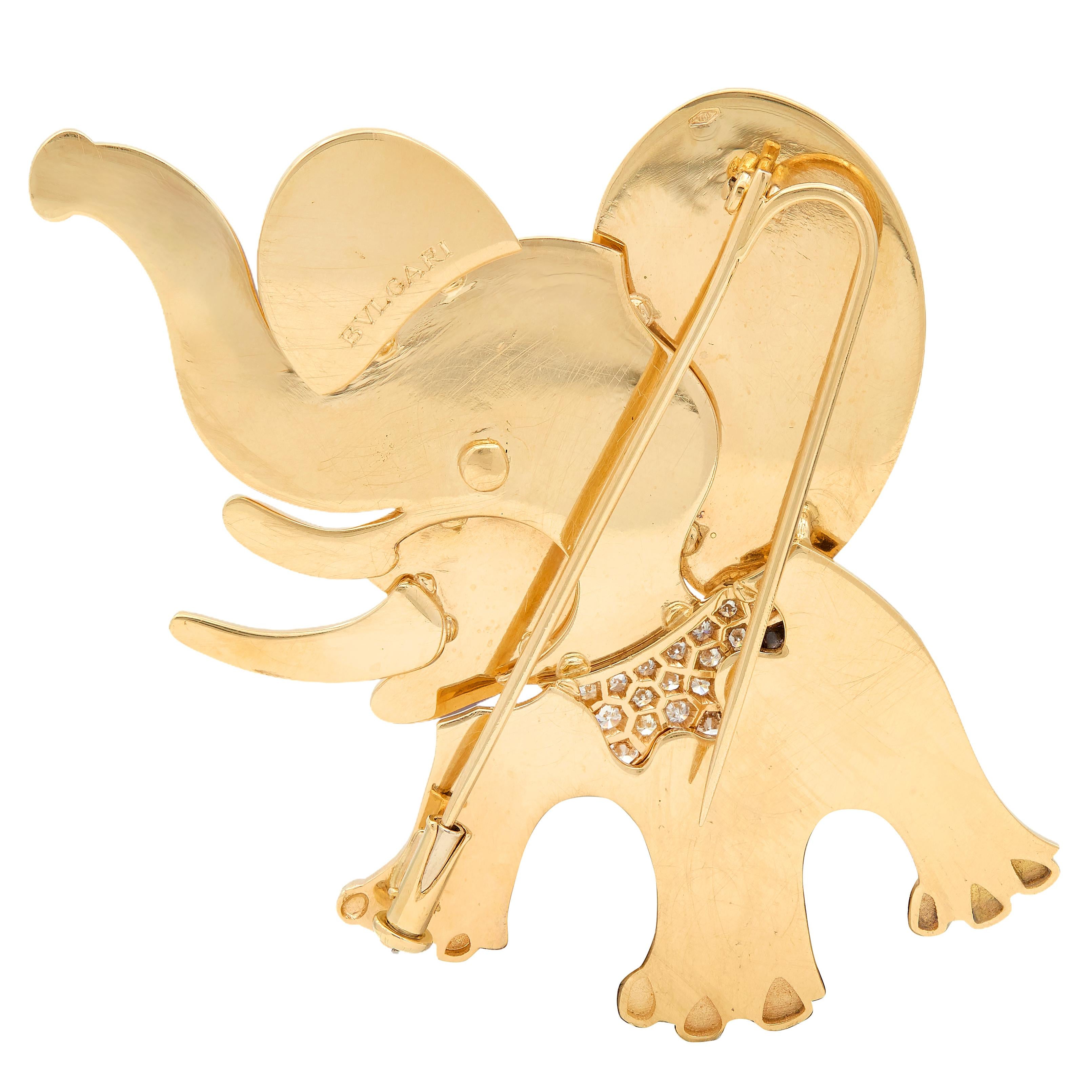 Bulgari 1980's Ruby Diamond Enamel 18 Karat Yellow Gold Vintage Elephant Brooch
