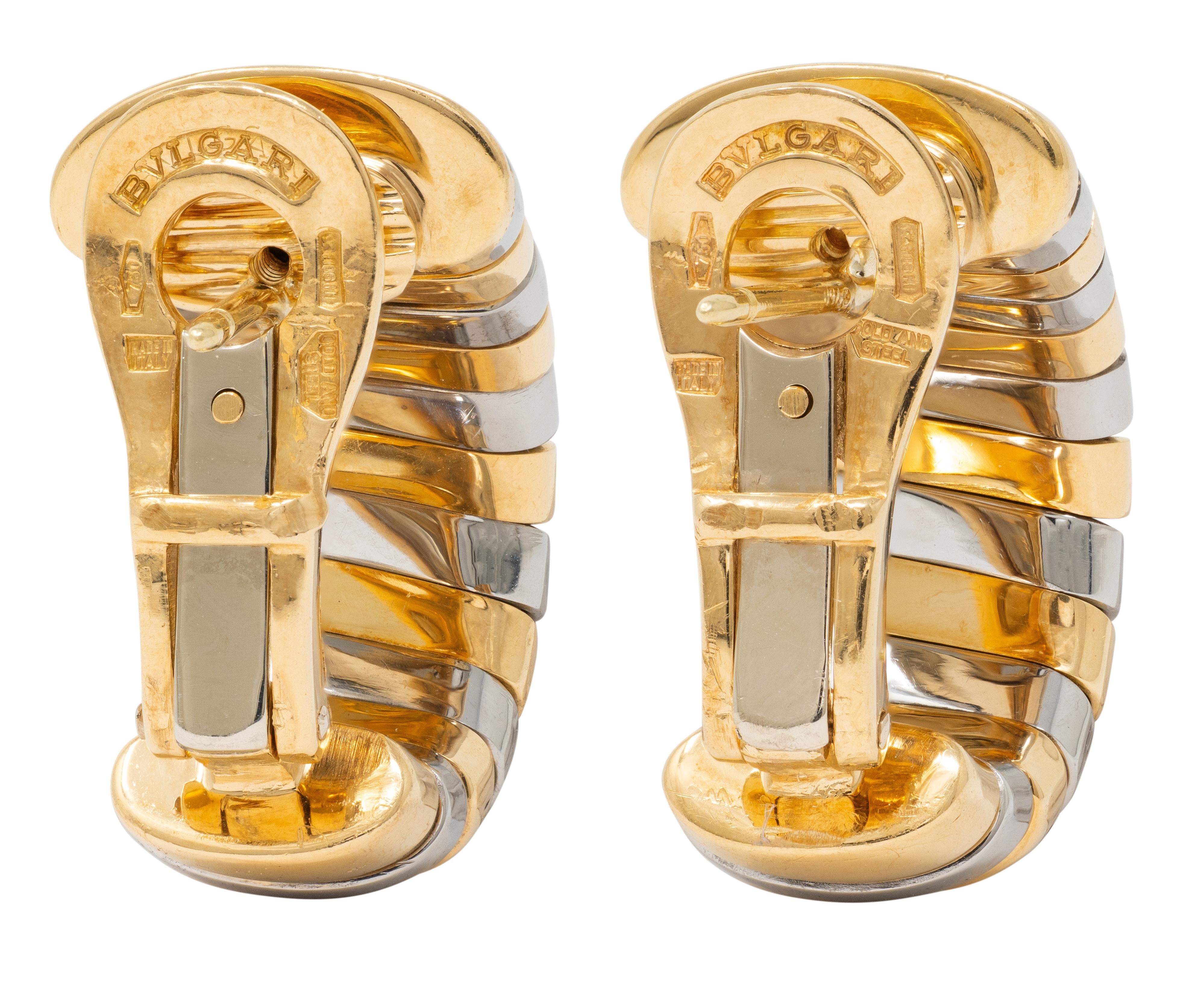 Bulgari 1990's 18K Gold Stainless Steel Vintage Spiga Tubogas Serpenti Earrings