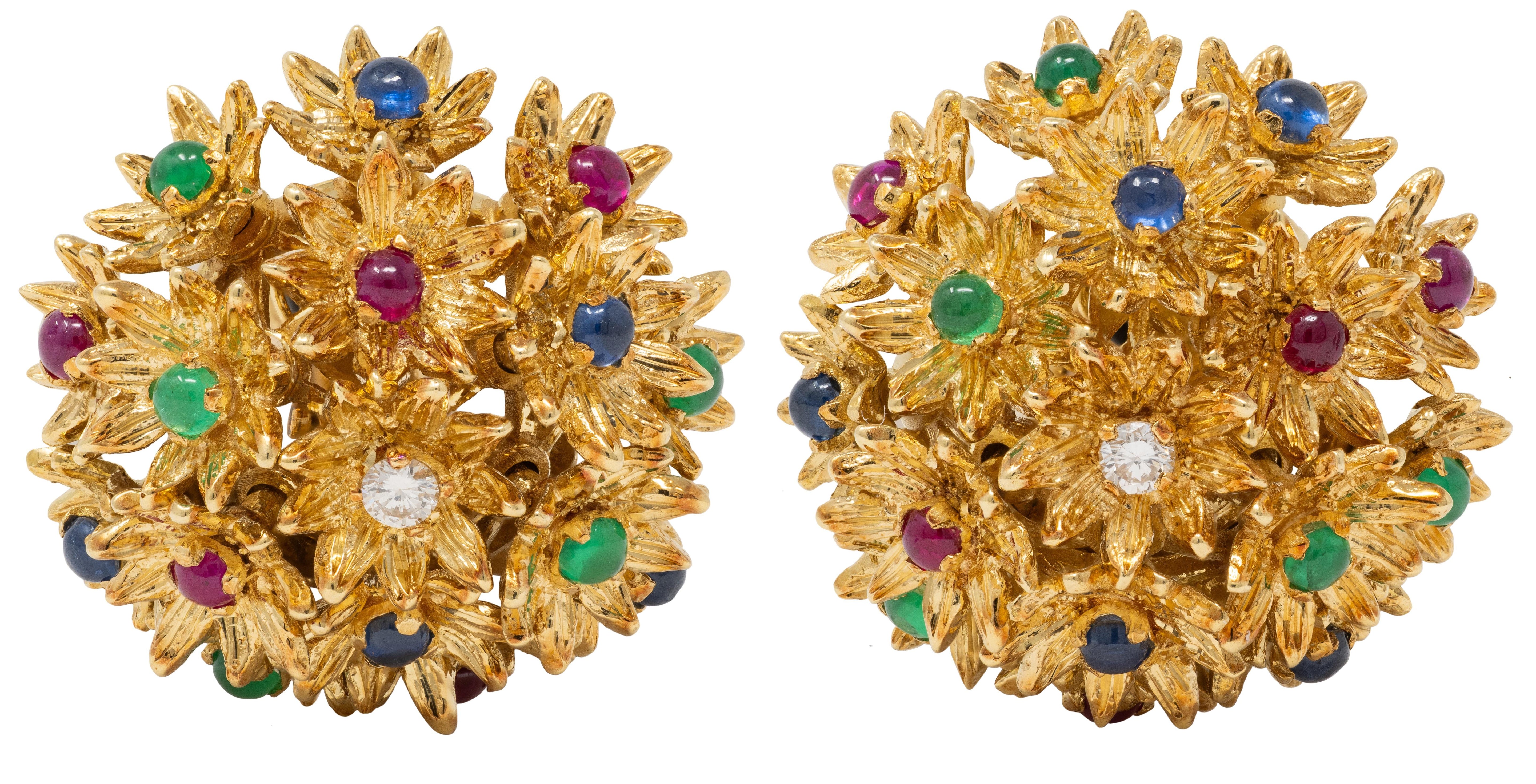 1960's Multi-Gem Diamond 18K Gold Vintage En Tremblant Flower Cluster Earrings