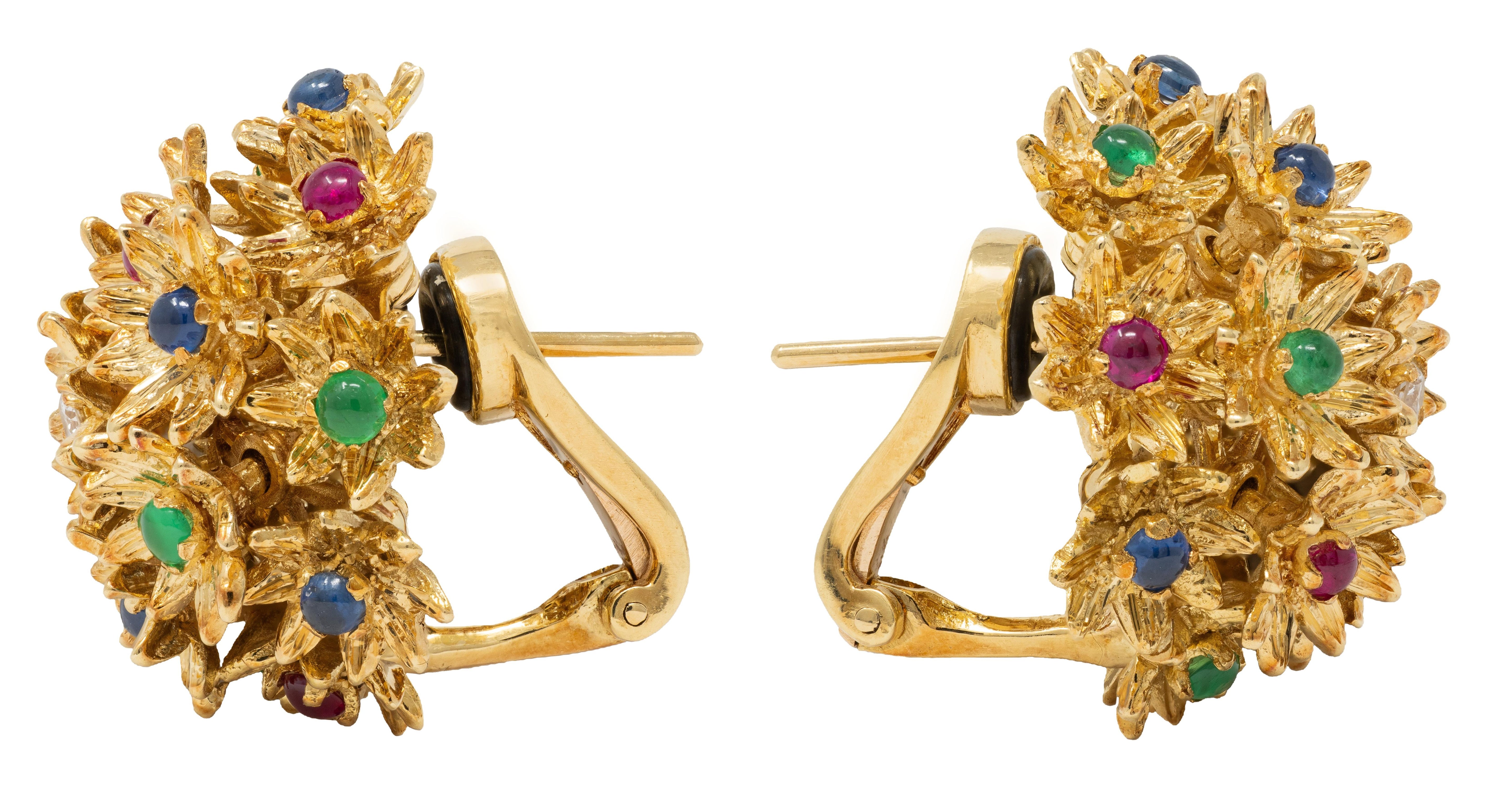 1960's Multi-Gem Diamond 18K Gold Vintage En Tremblant Flower Cluster Earrings