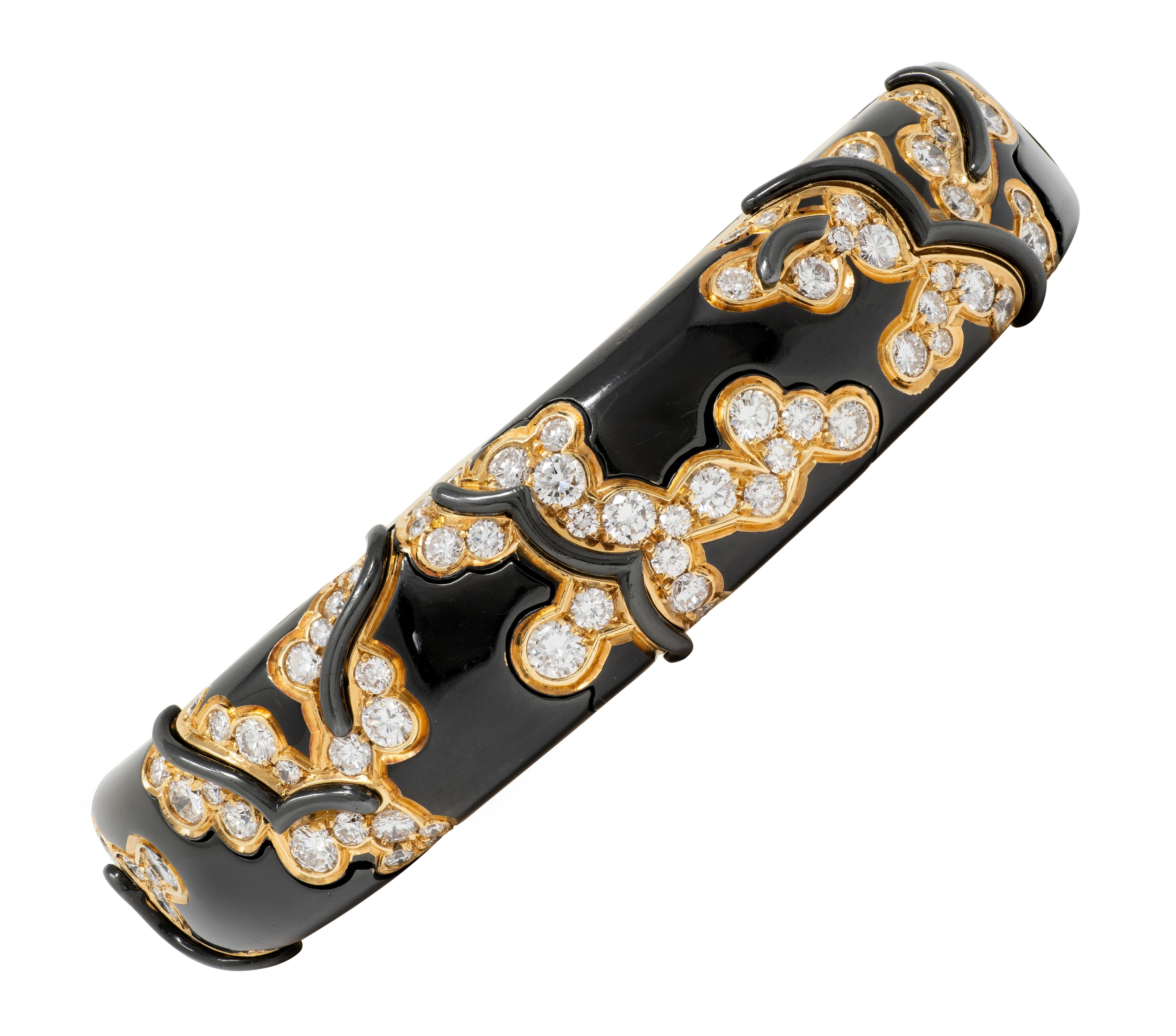 Marina B. 1988 Diamond Enamel Onyx 18K Gold Vintage Mitsouko Cuff Bracelet