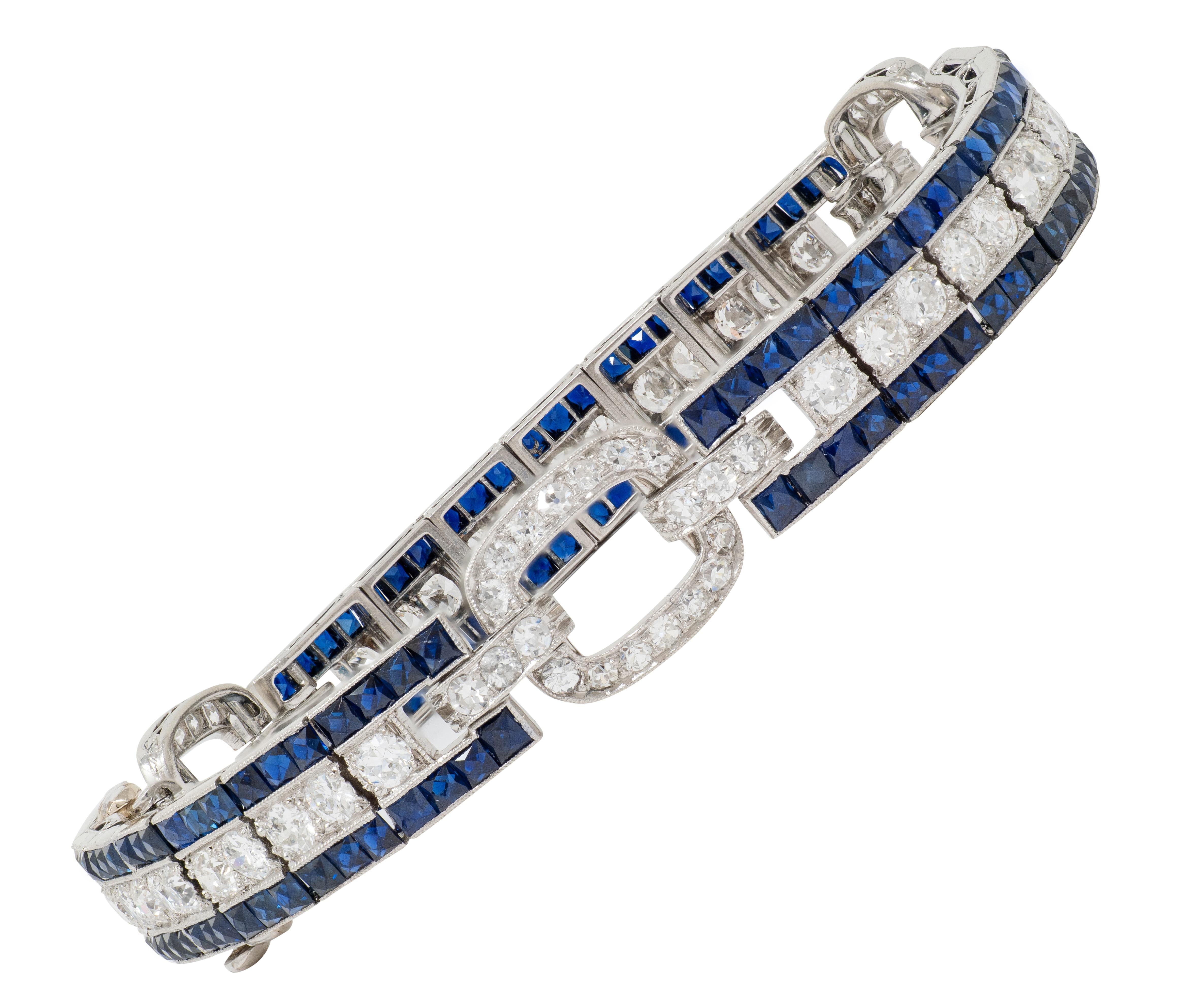 Art Deco 16.98 CTW Sapphire Diamond Platinum Vintage Buckle Line Bracelet