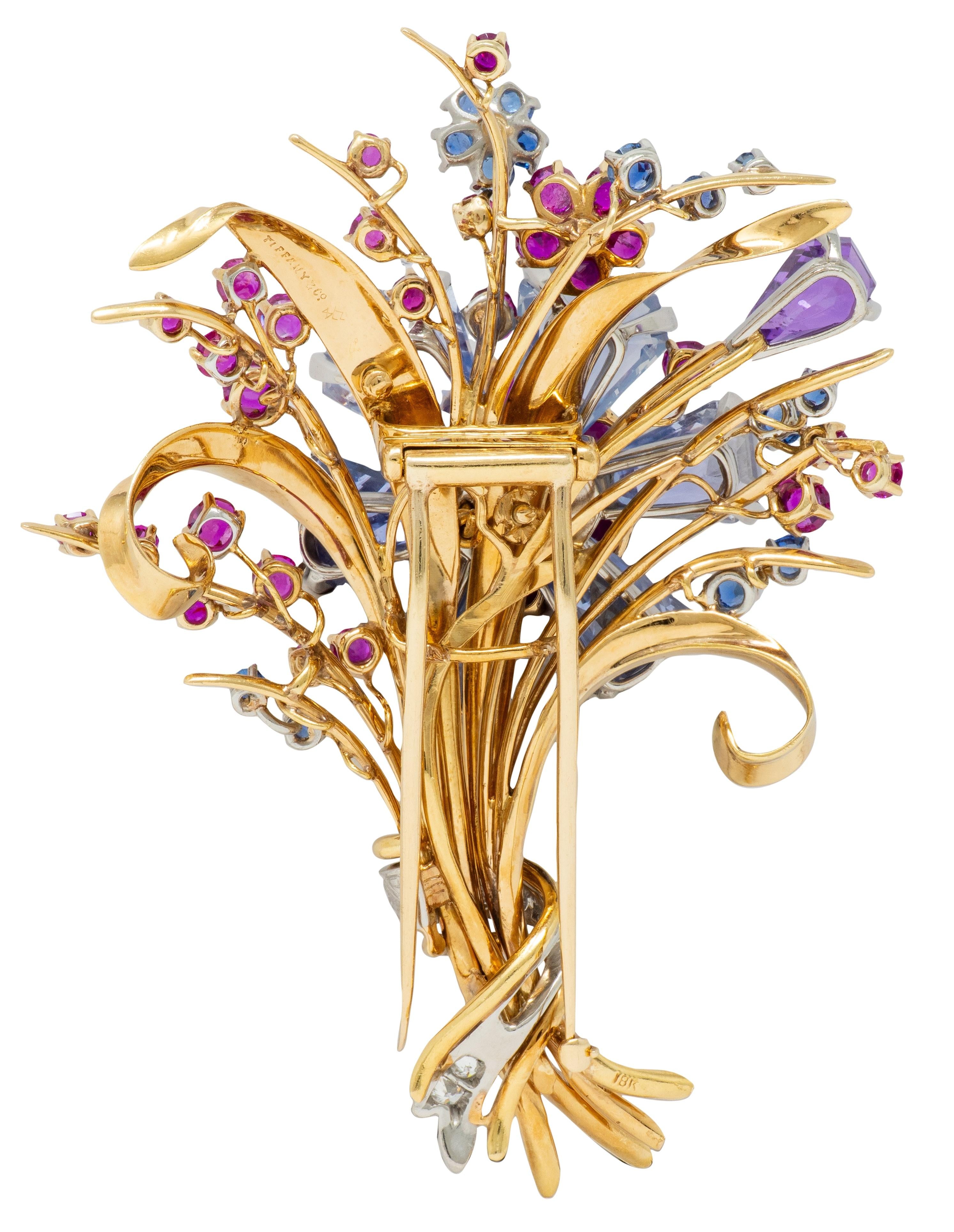 Tiffany & Co. Retro Sapphire Ruby Diamond 18K Gold Vintage Floral Spray Brooch
