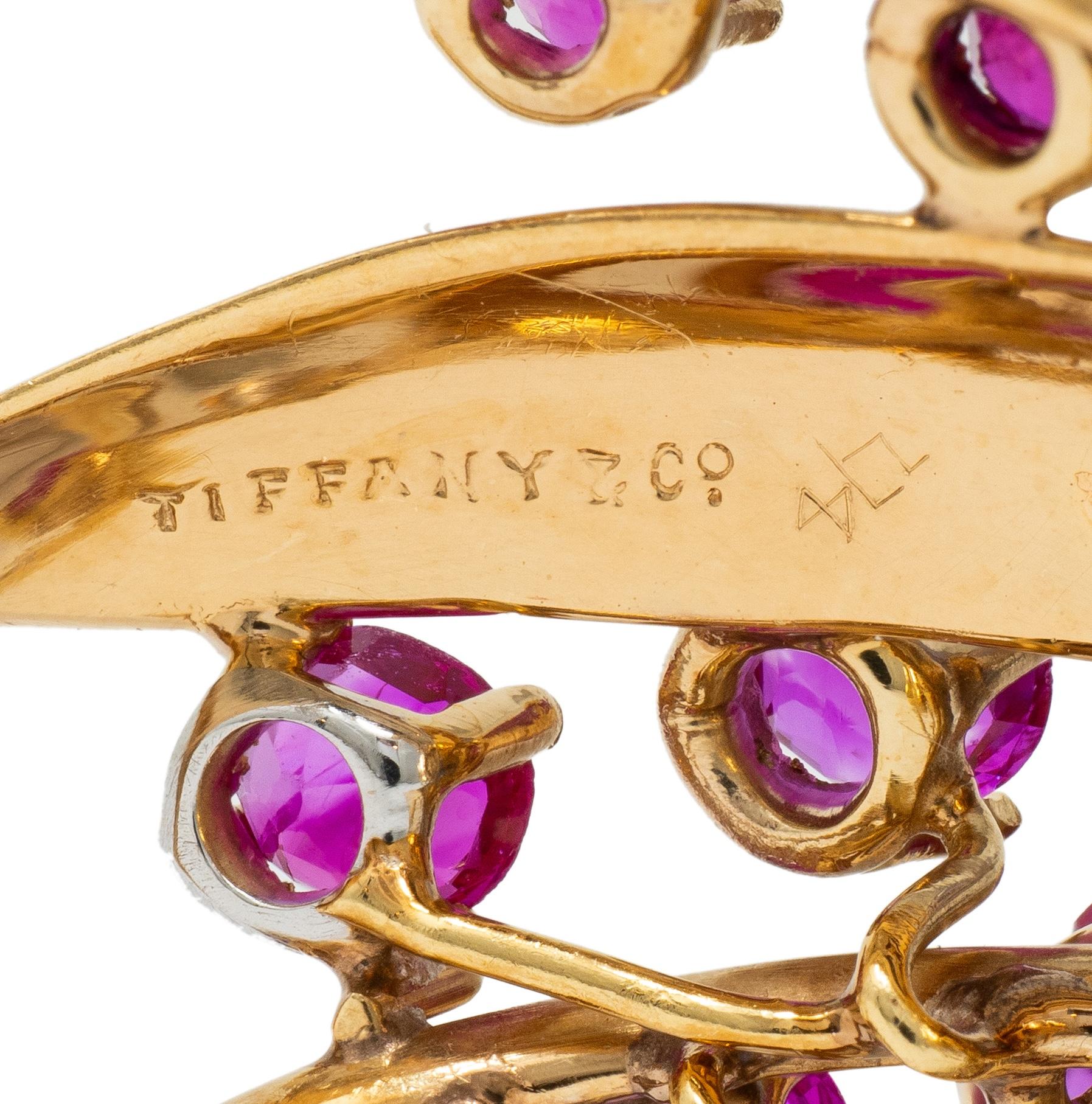 Tiffany & Co. Retro Sapphire Ruby Diamond 18K Gold Vintage Floral Spray Brooch