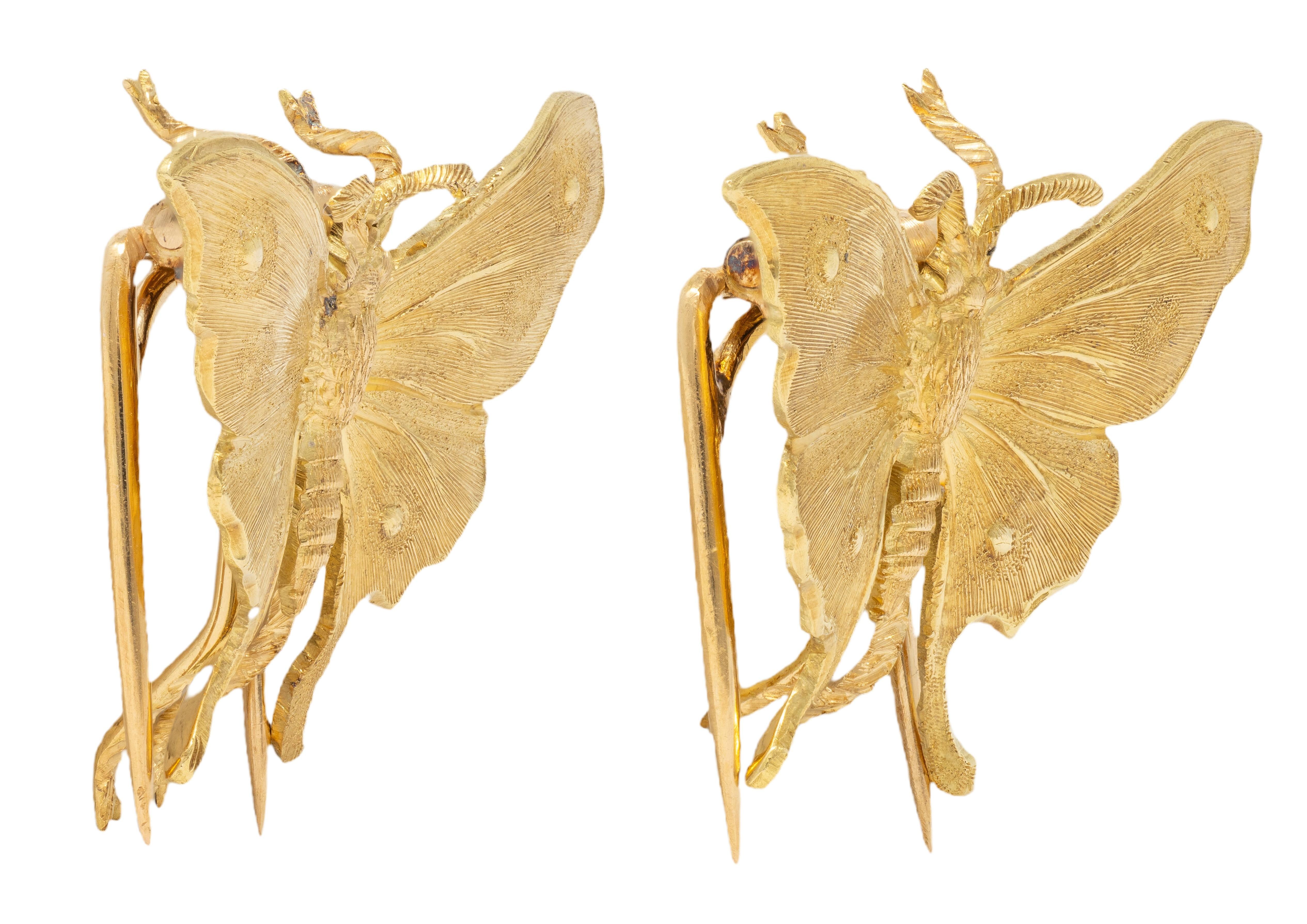 Mario Buccellati 1960's 18 Karat Yellow Gold Vintage Butterfly Brooch Clips