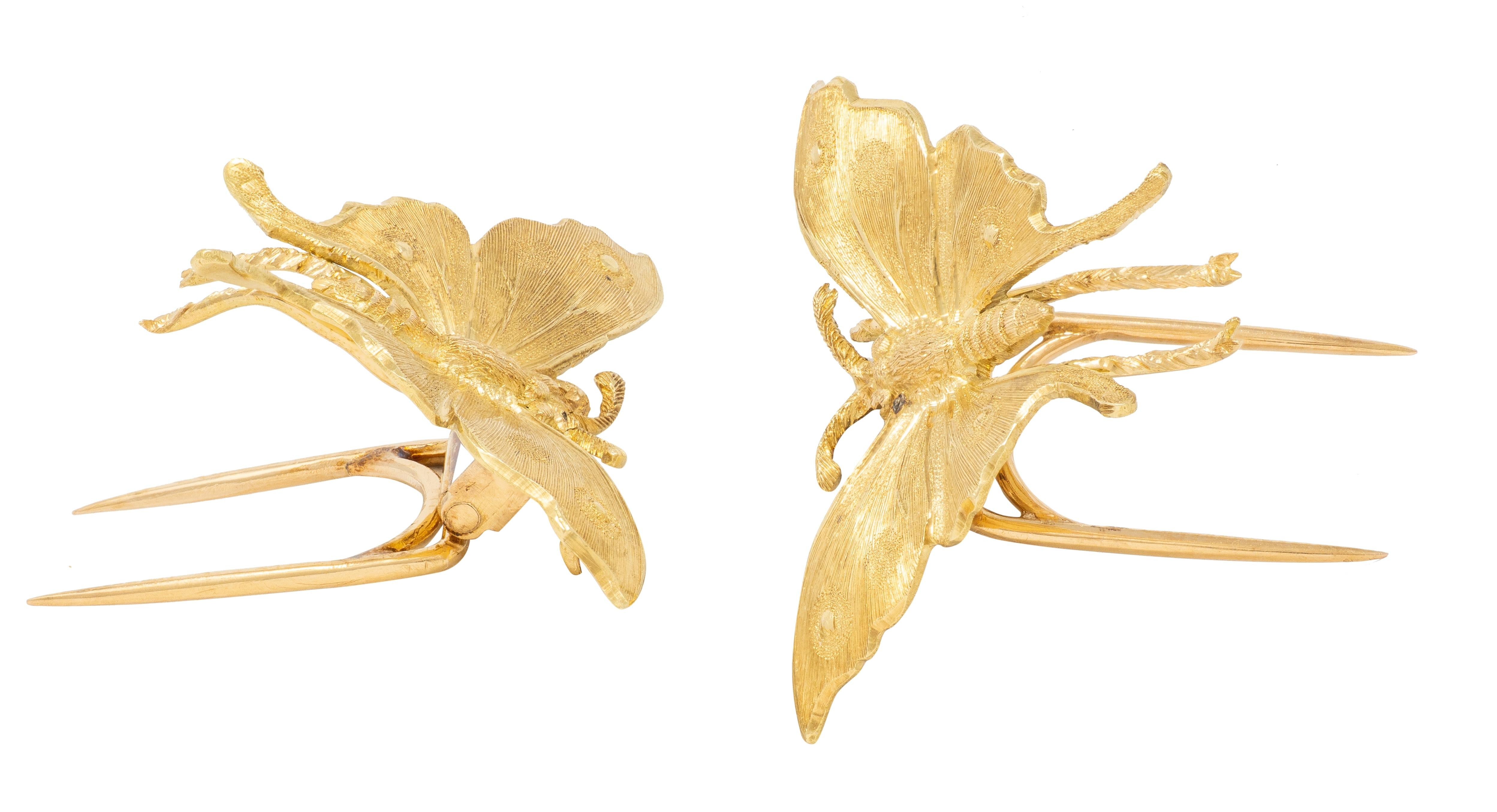 Mario Buccellati 1960's 18 Karat Yellow Gold Vintage Butterfly Brooch Clips