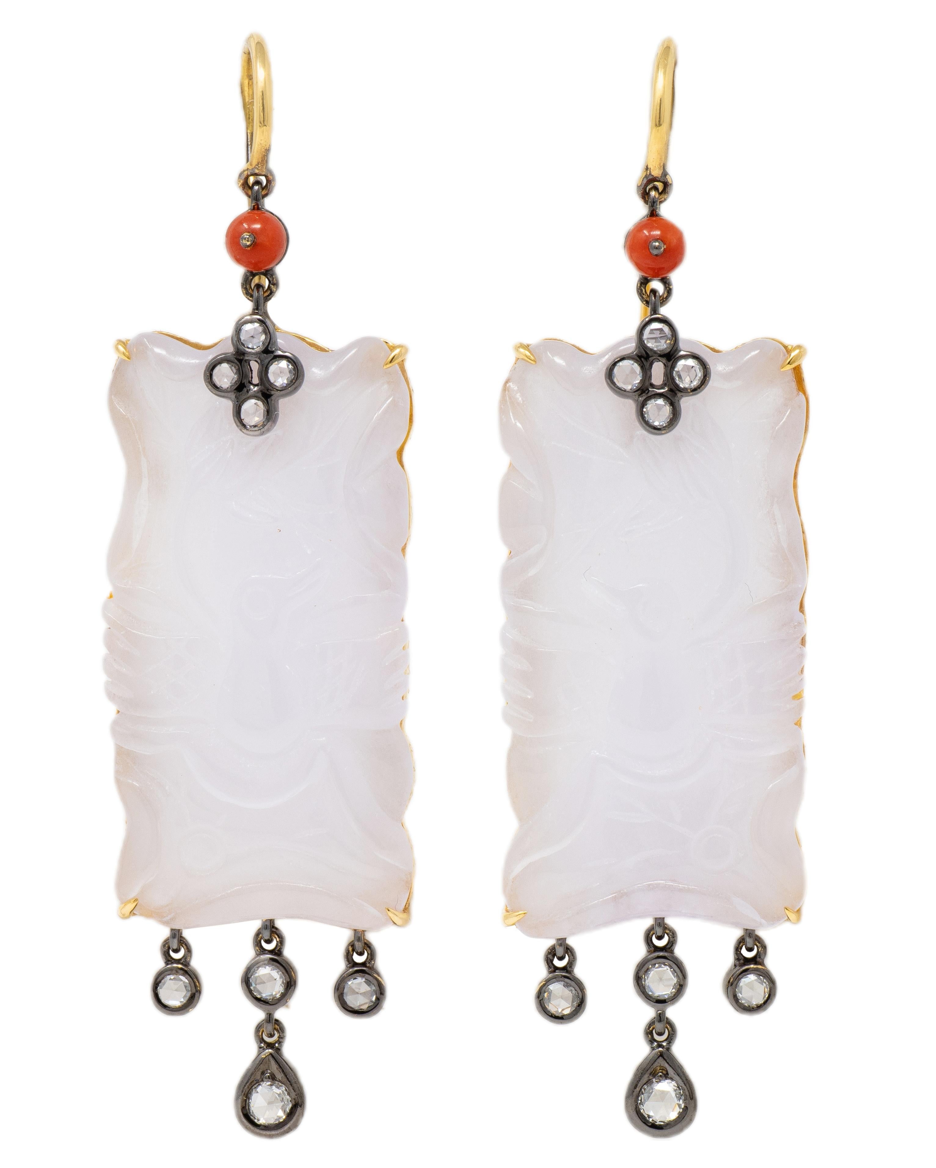Contemporary White Jade Diamond Coral 18 Karat Gold Drop Earrings
