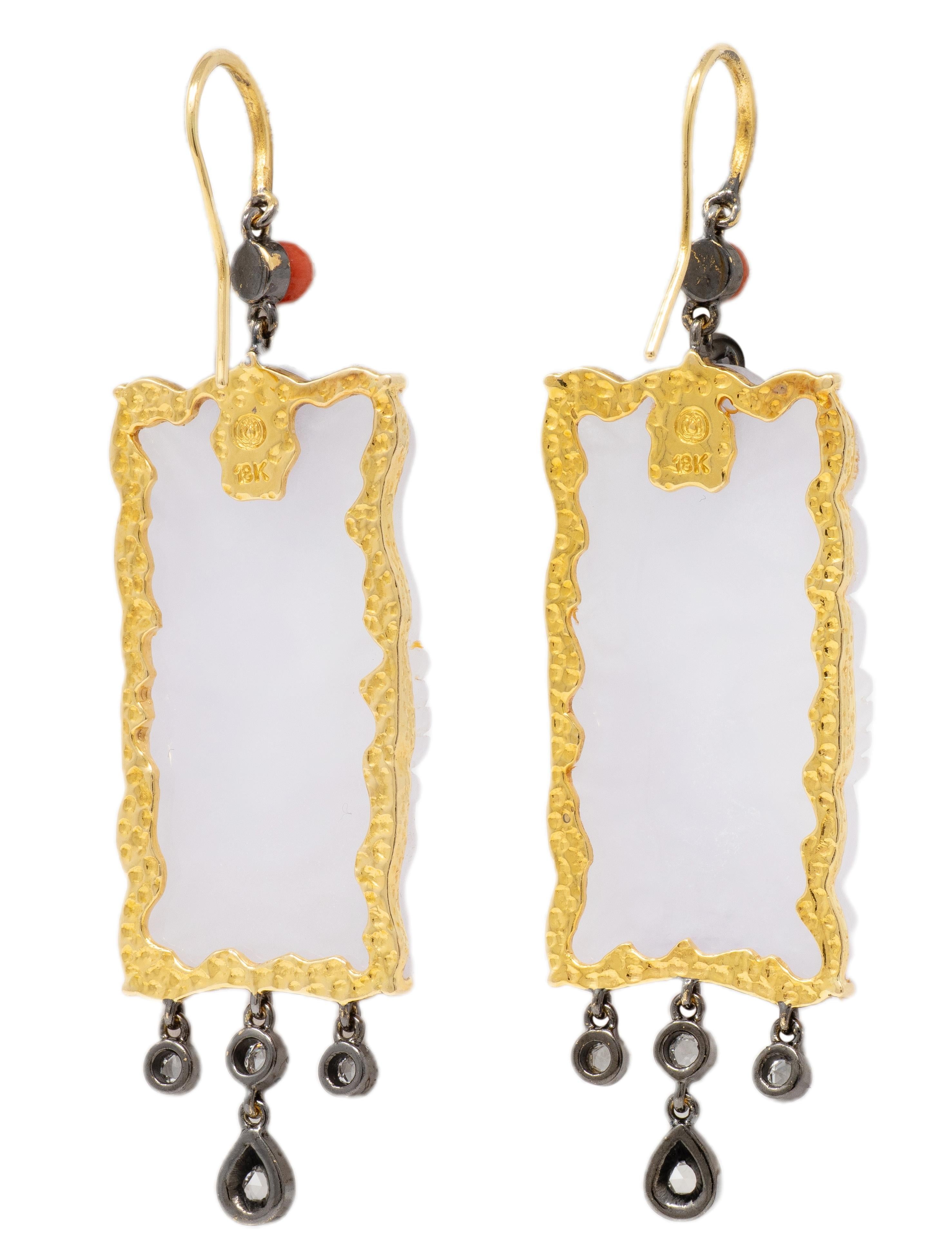 Contemporary White Jade Diamond Coral 18 Karat Gold Drop Earrings