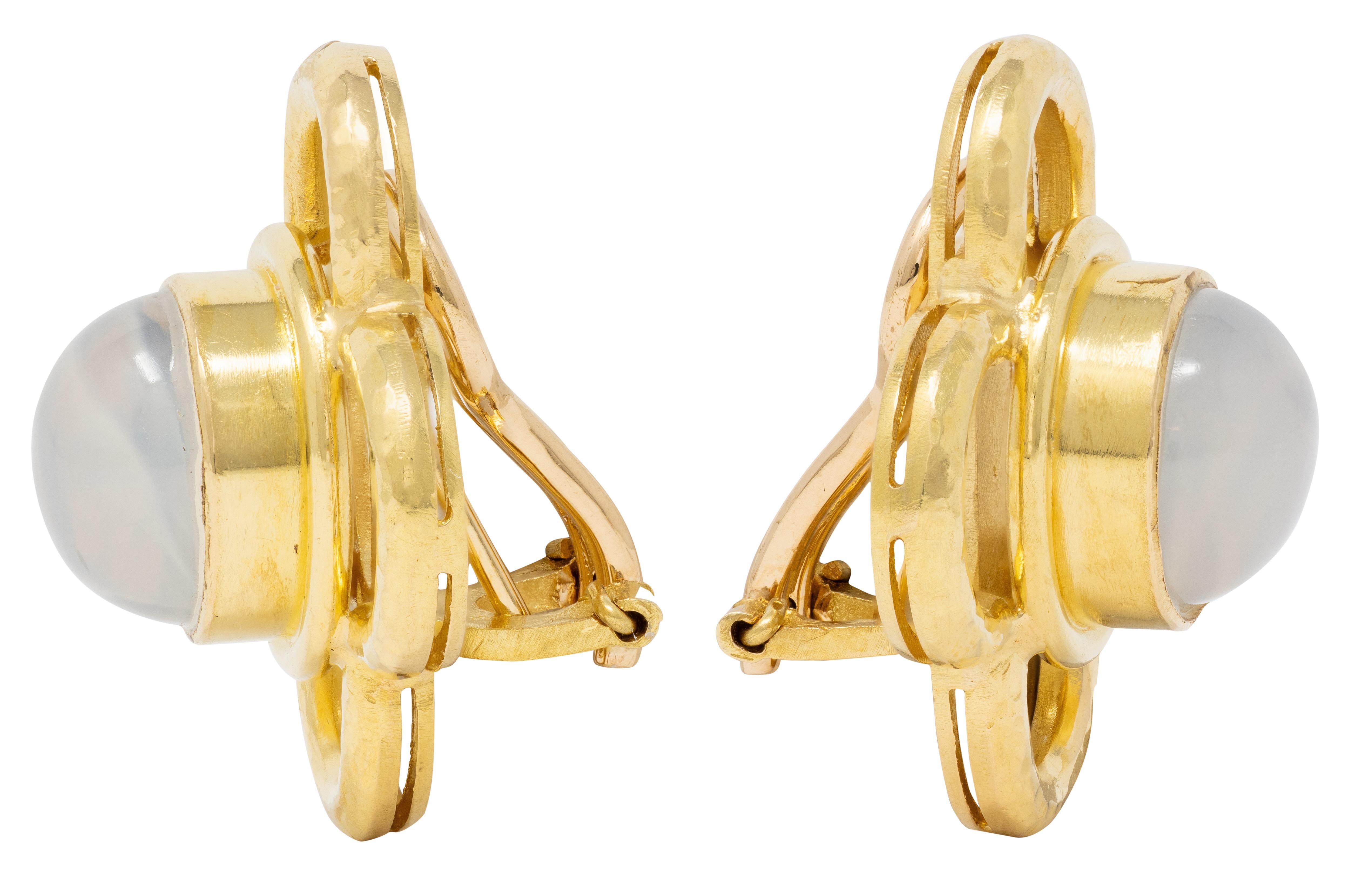 Elizabeth Locke Moonstone 18 Karat Yellow Gold Hammered Quatrefoil Earrings
