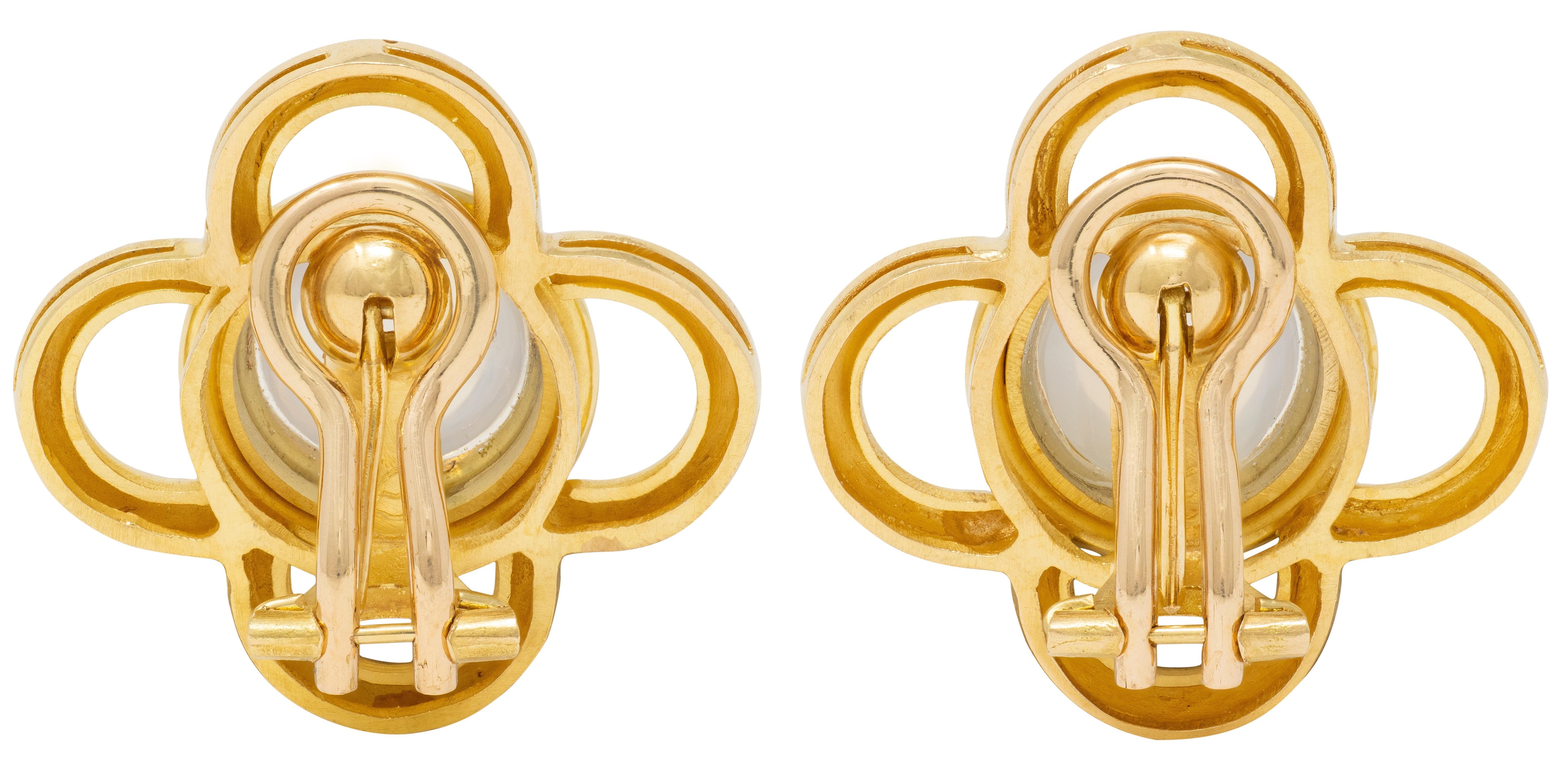 Elizabeth Locke Moonstone 18 Karat Yellow Gold Hammered Quatrefoil Earrings