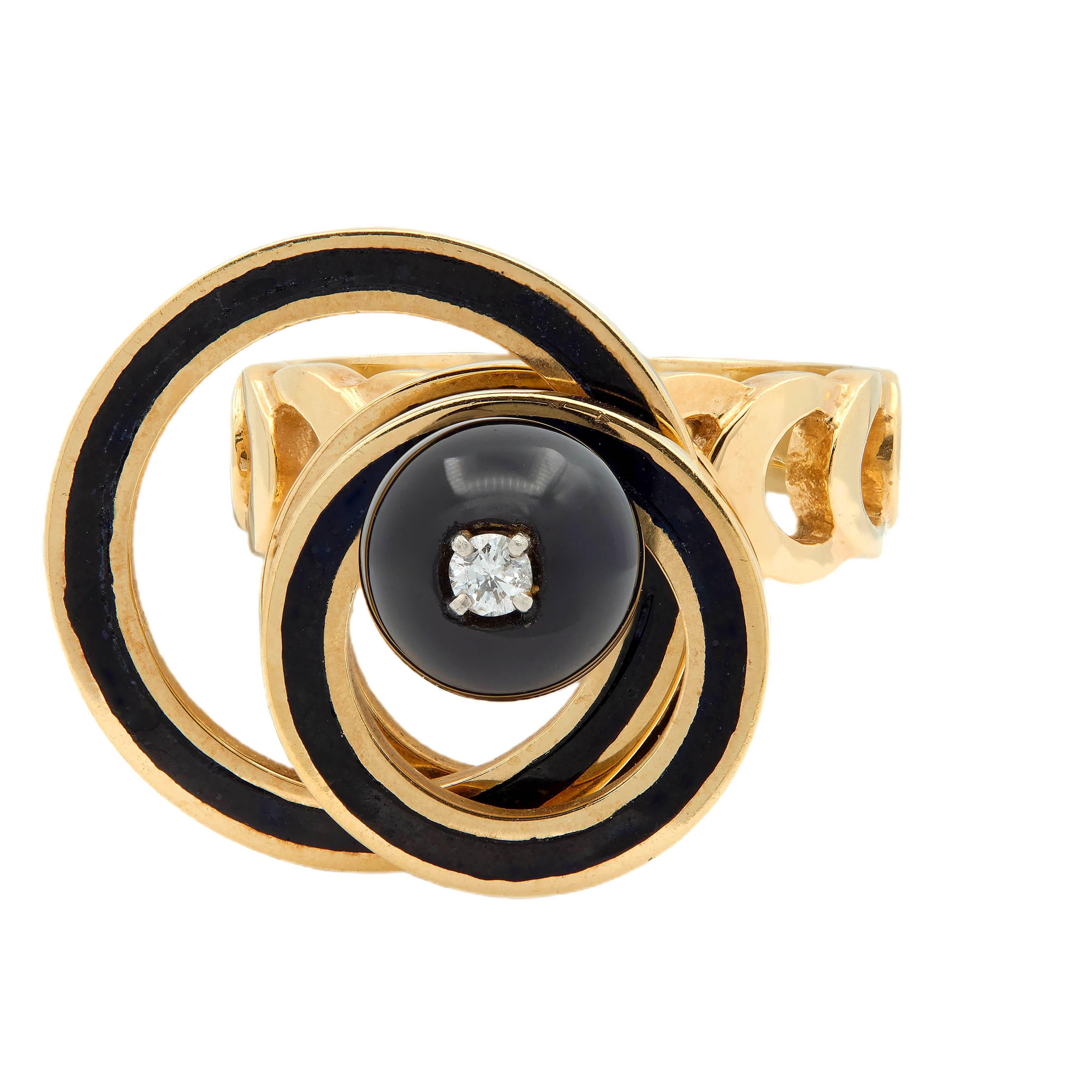 Norman Teufel Onyx Diamond 18K Gold Arch Vintage Kinetic Fidget Spinner Ring