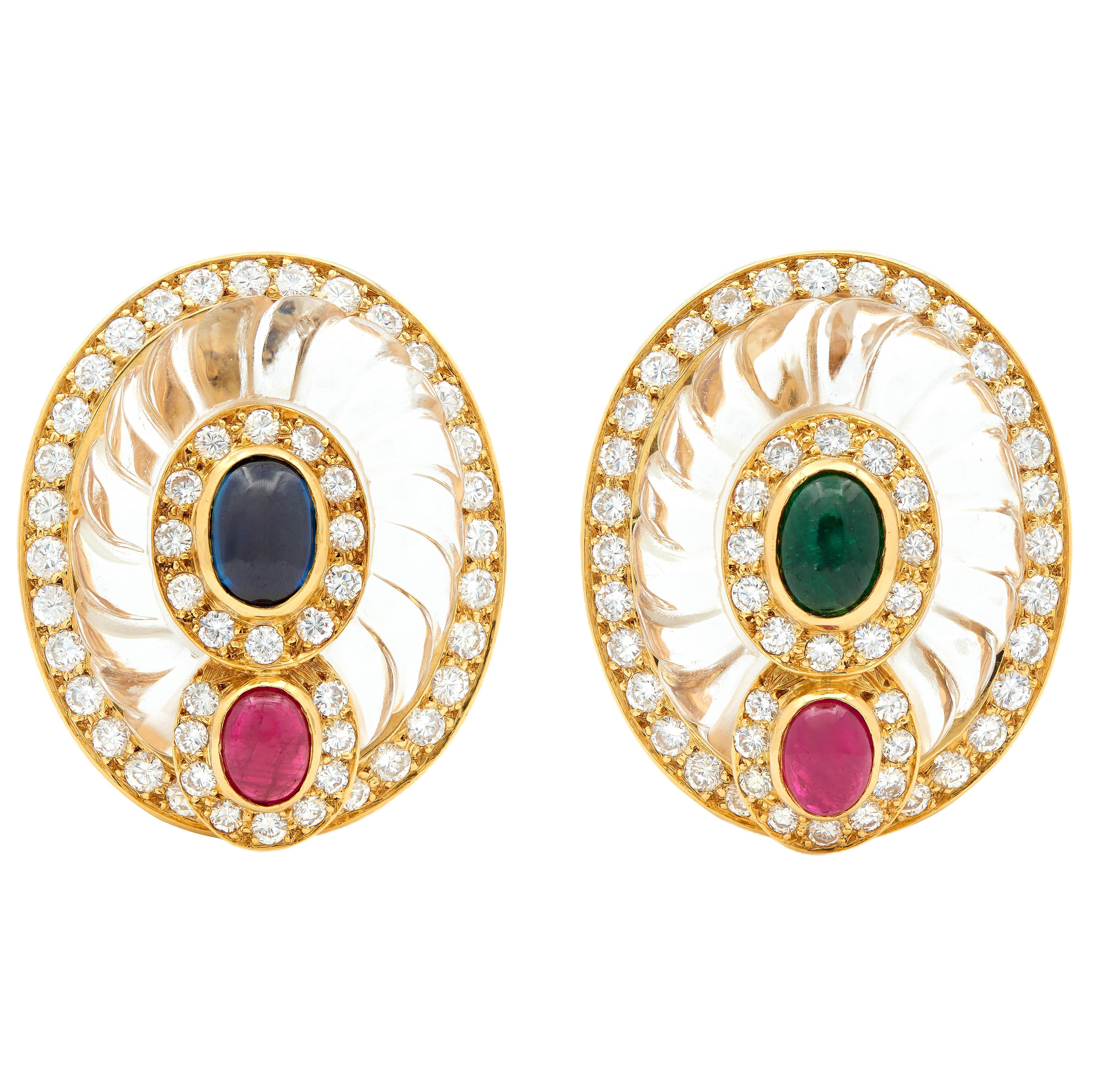 Boucheron French Rock Crystal 18K Gold Sapphire Ruby Diamond Vintage Earrings