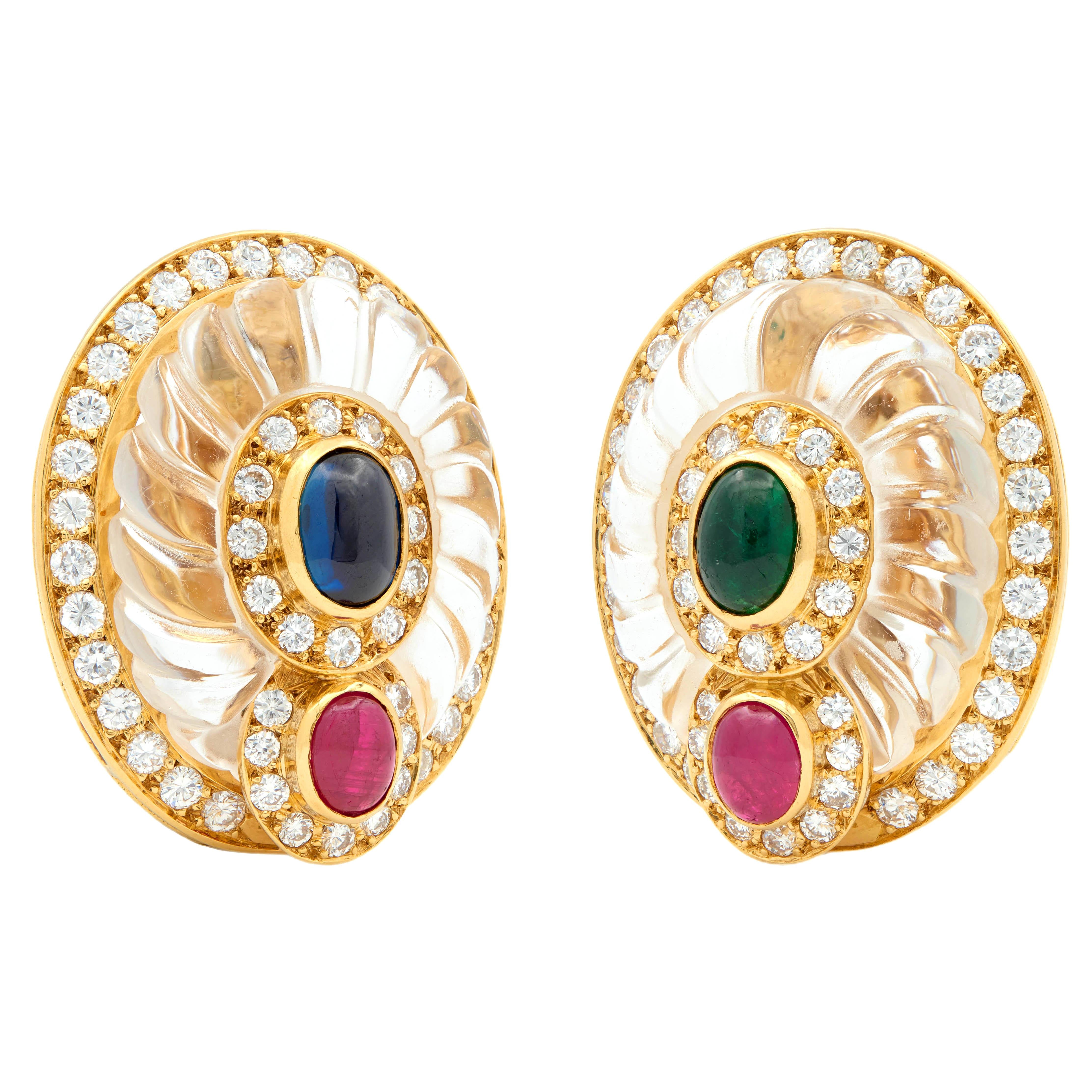 Boucheron French Rock Crystal 18K Gold Sapphire Ruby Diamond Vintage Earrings