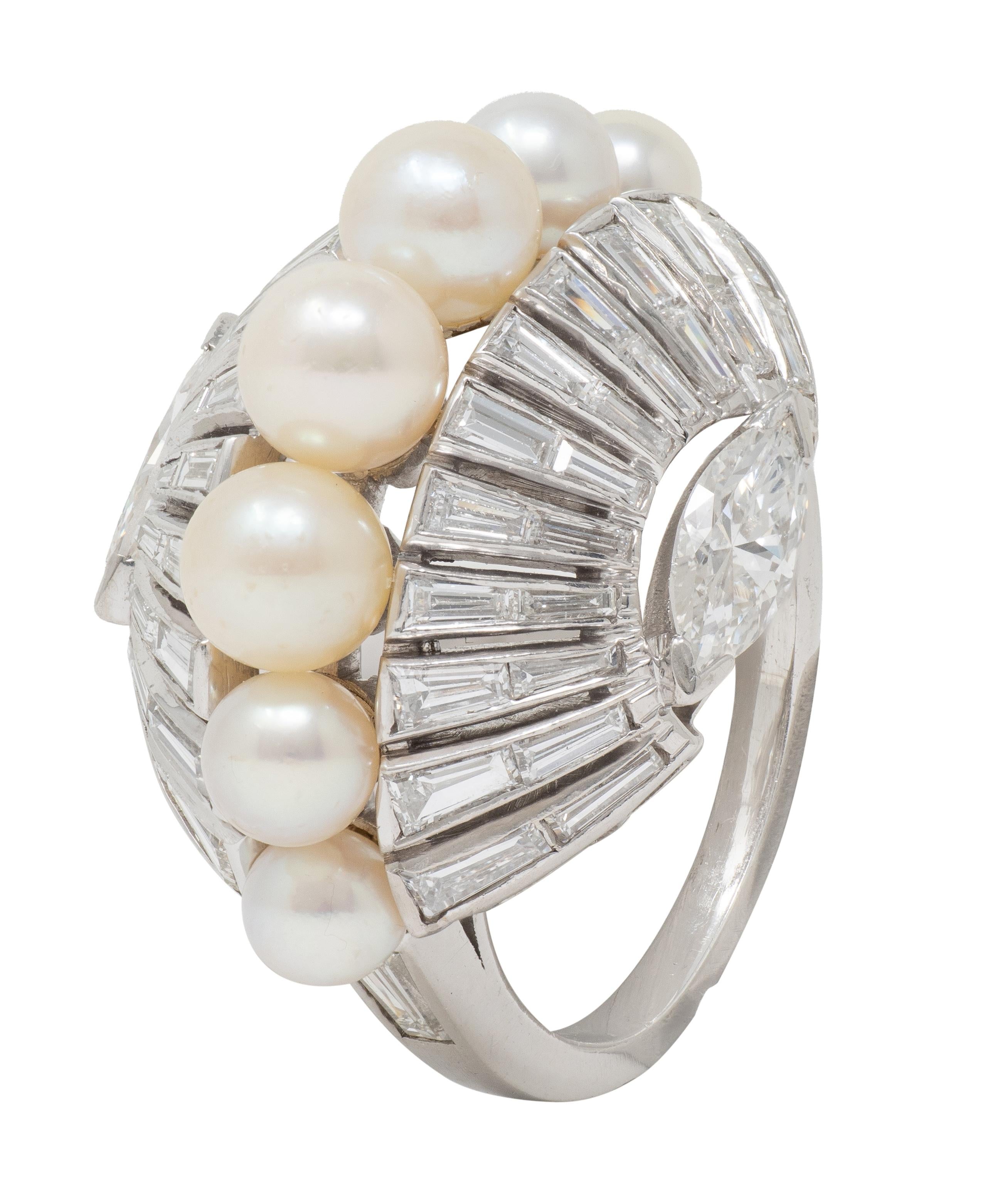 Mid-Century Modernist Pearl Diamond Platinum Vintage Fanning Cocktail Ring