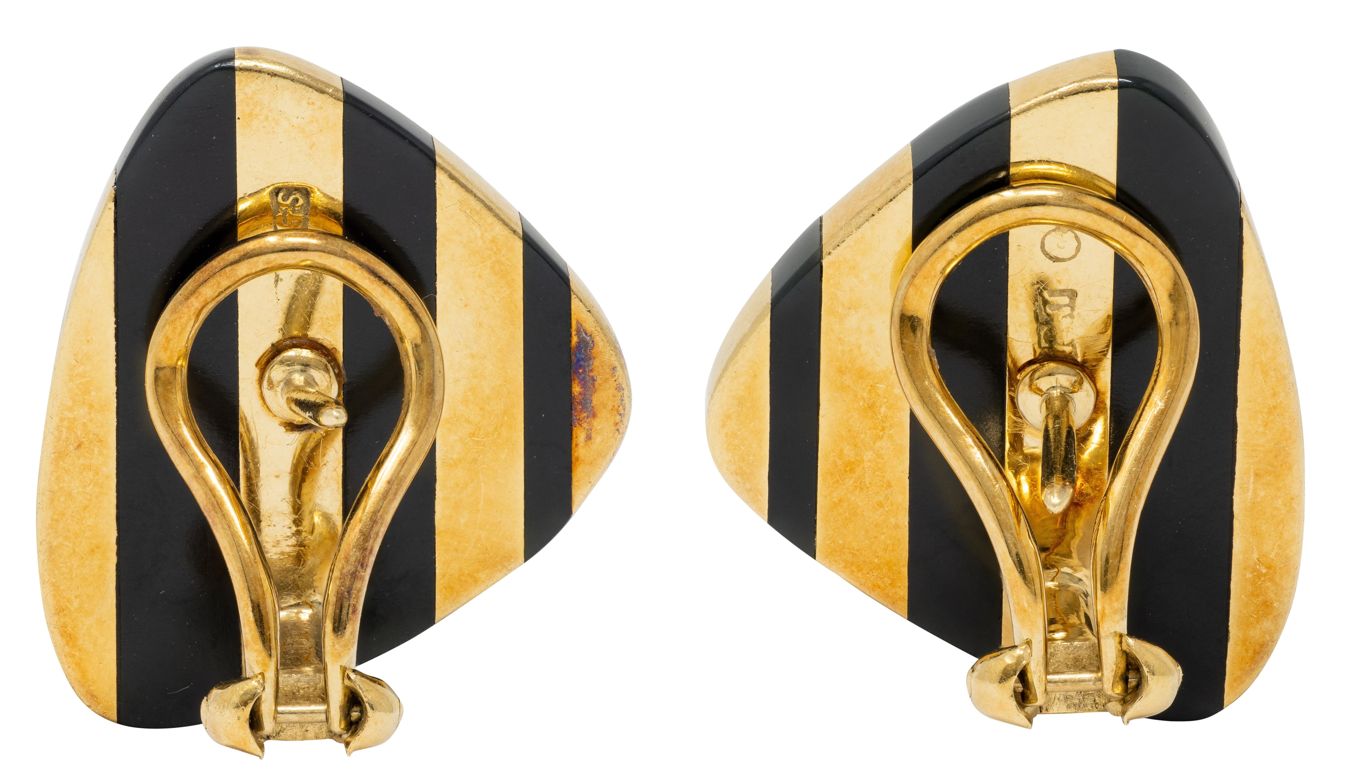 Angela Cummings 1980's Onyx 18 Karat Yellow Gold Vintage Inlay Stripe Earrings