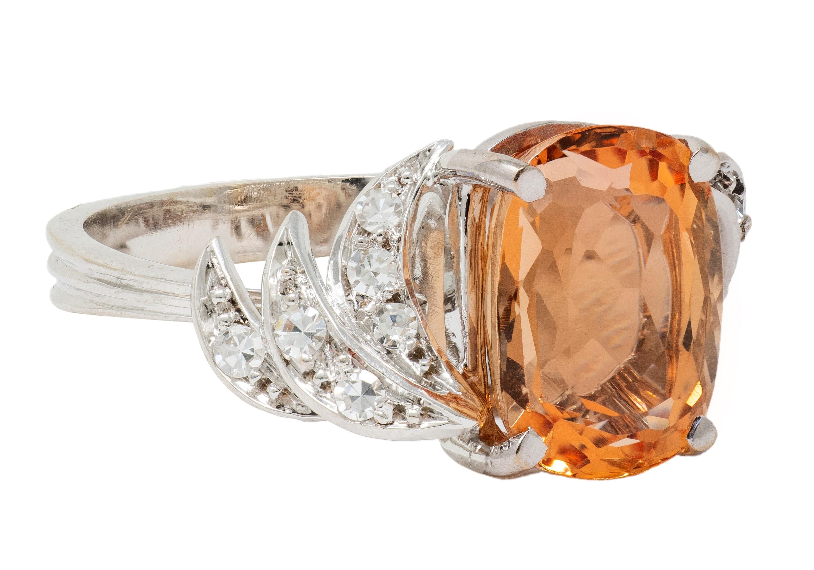 H. Stern 1950's Orange Topaz Diamond 18 Karat White Gold Vintage Fanning Ring