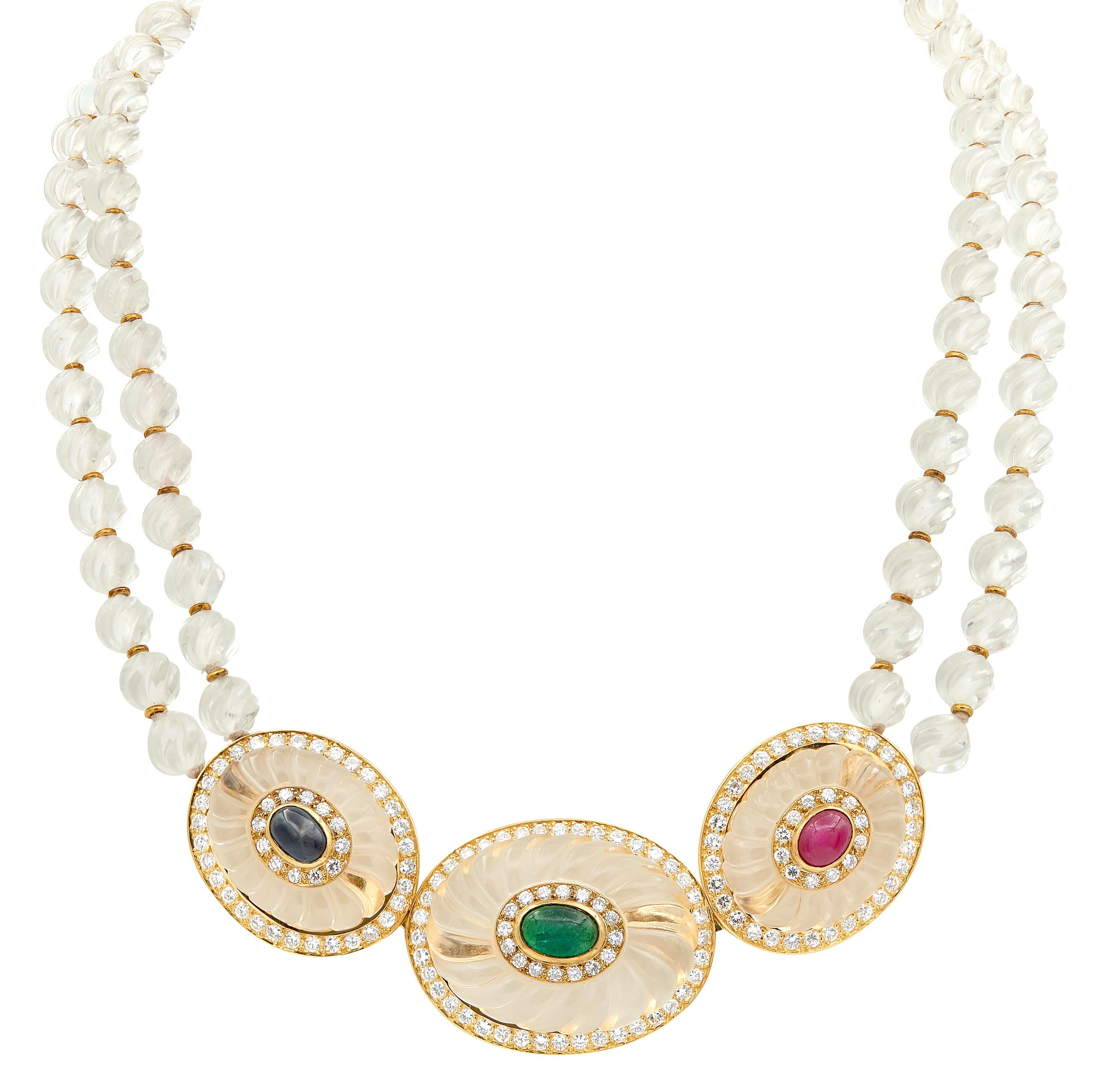 Boucheron French Rock Crystal 18K Gold Sapphire Ruby Diamond Collar Necklace