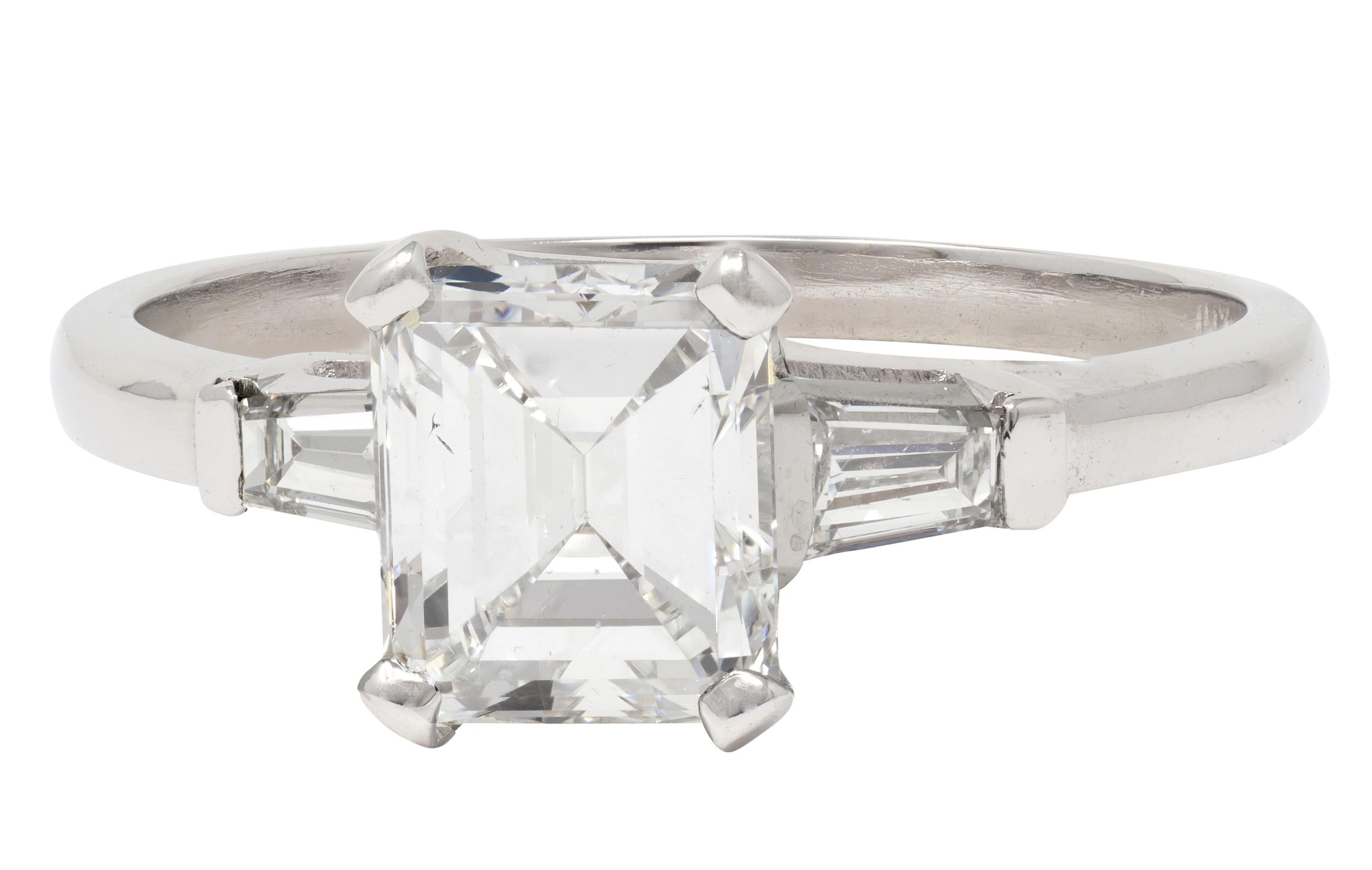 Mid-Century 2.02 CTW Emerald Cut Diamond Platinum Vintage Engagement Ring GIA