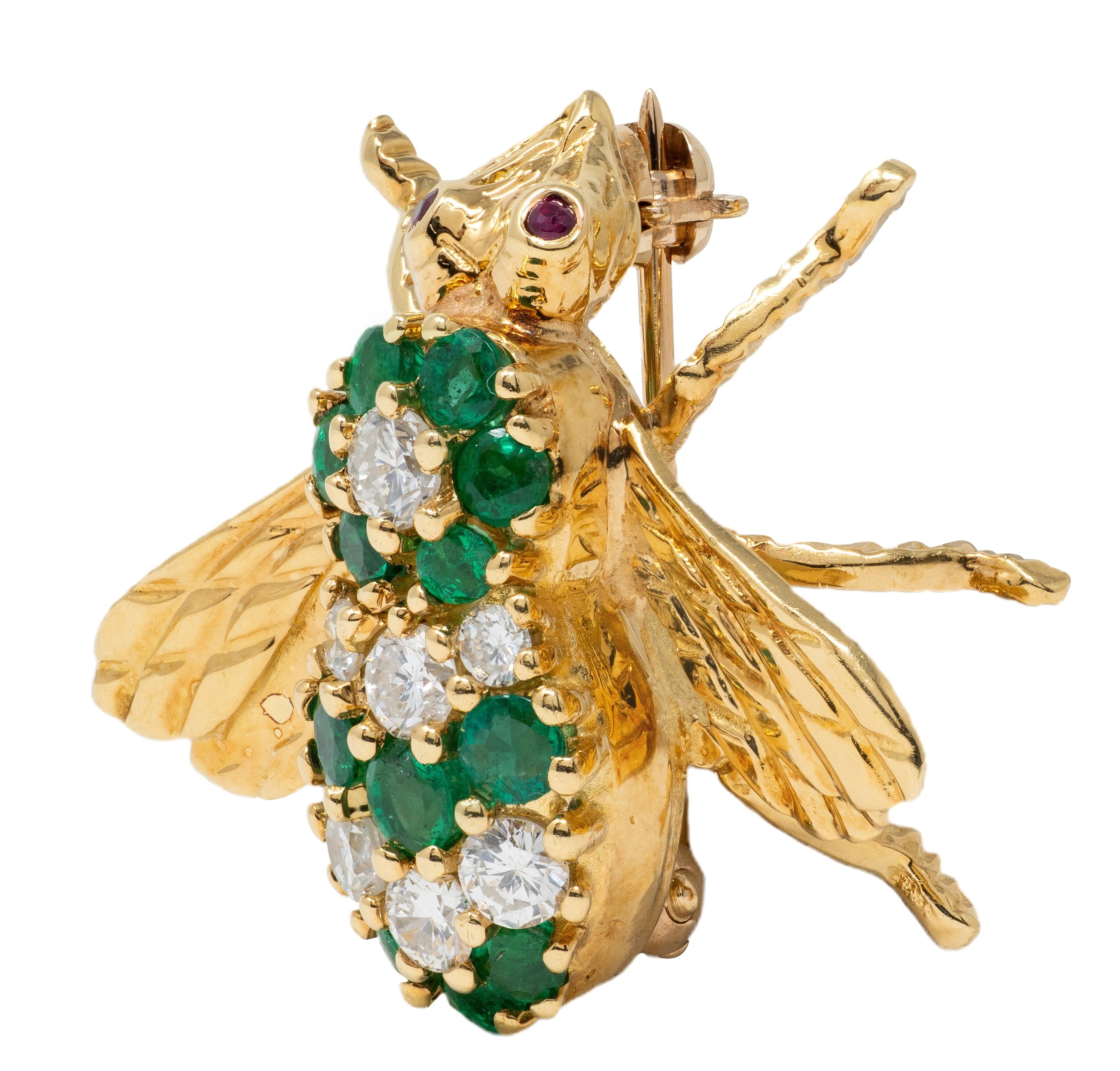 Rosenthal Diamond Emerald Ruby 18K Yellow Gold Vintage Bee Brooch