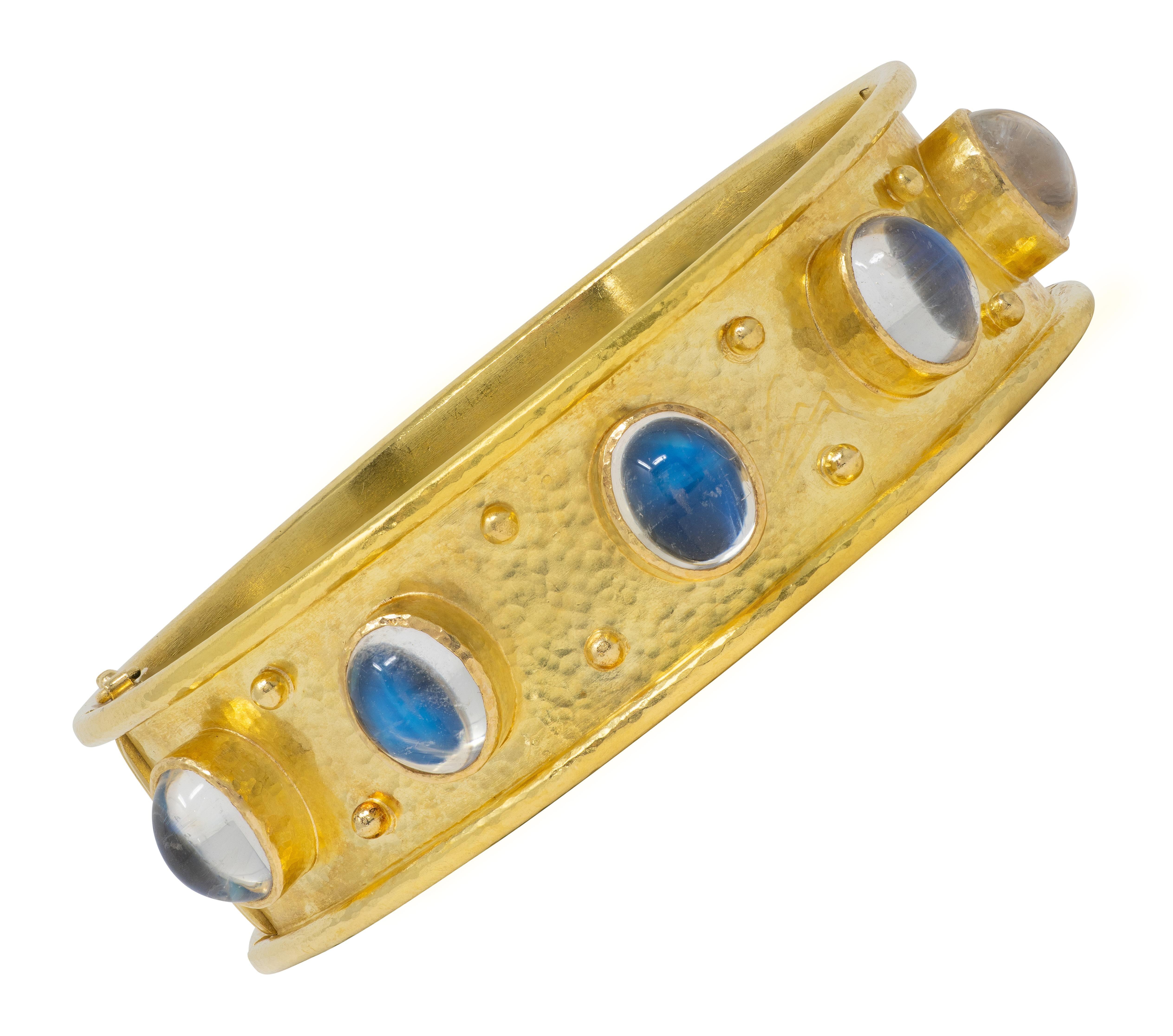 Elizabeth Locke 2000's Moonstone 18K Gold Wide Hammered Bangle Bracelet