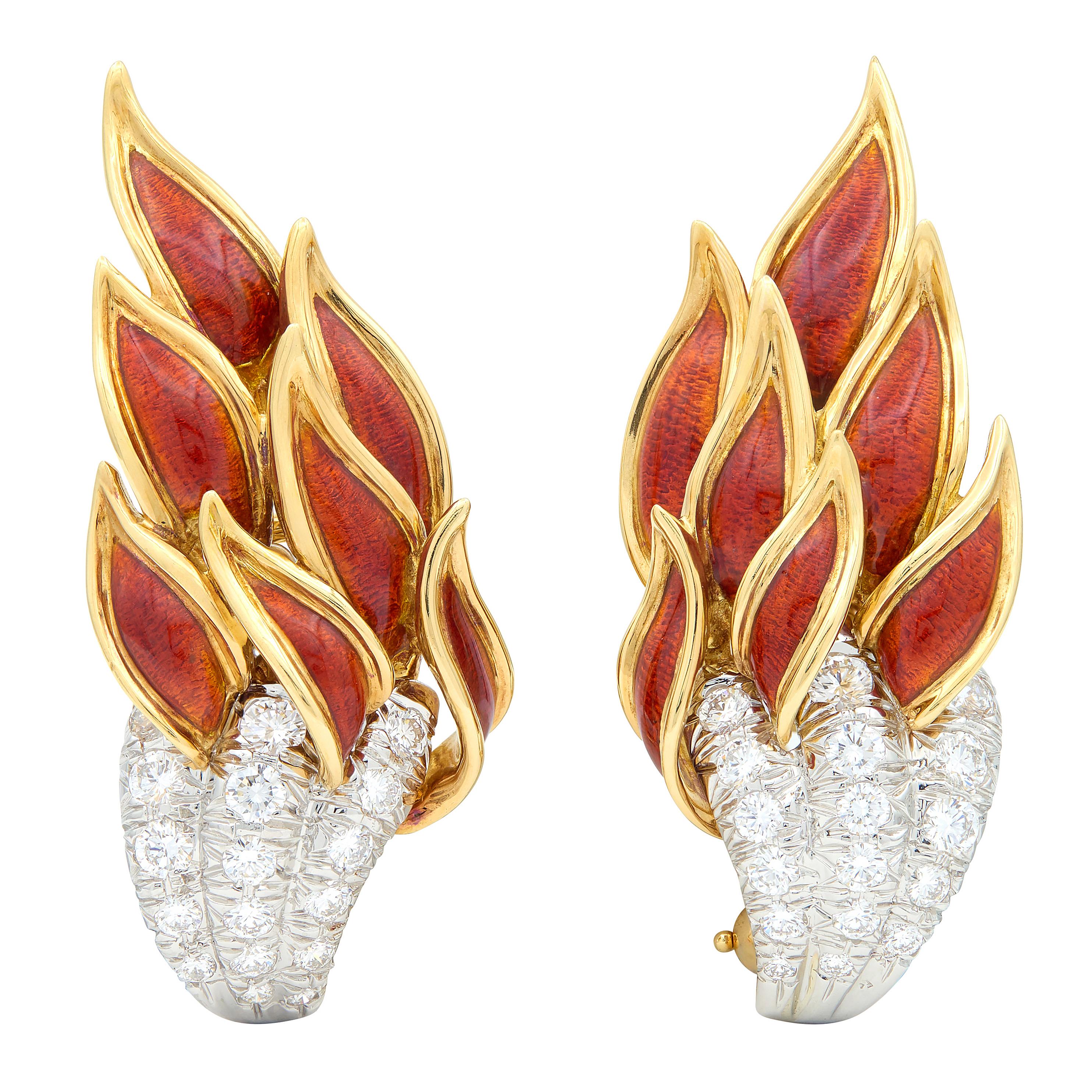 Tiffany & Co. Schlumberger Diamond Enamel Platinum 18K Gold Flame Earrings
