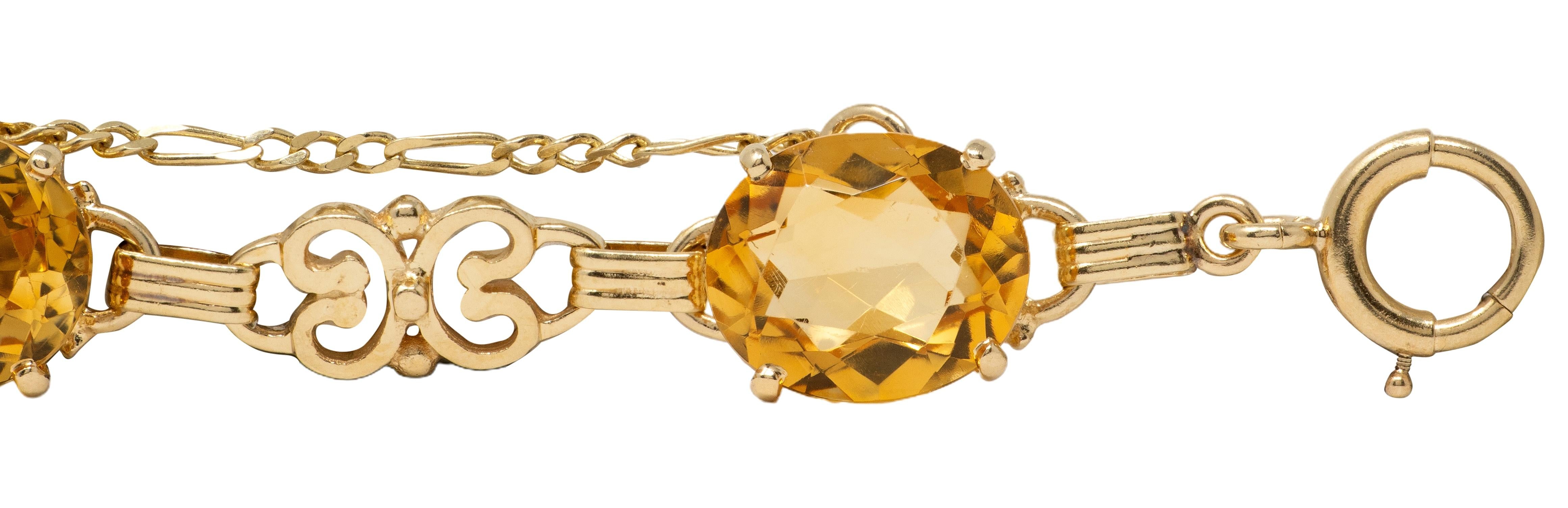 Retro Citrine 14 Karat Yellow Gold Vintage Scroll Link Bracelet