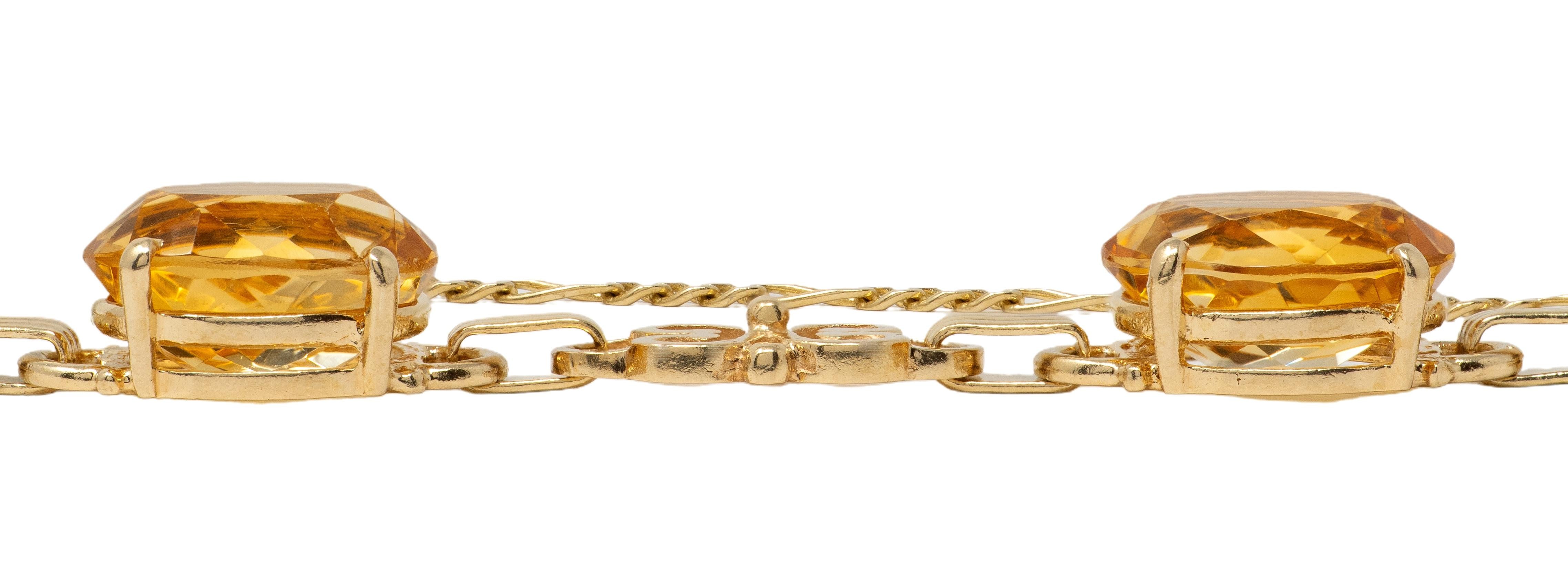 Retro Citrine 14 Karat Yellow Gold Vintage Scroll Link Bracelet