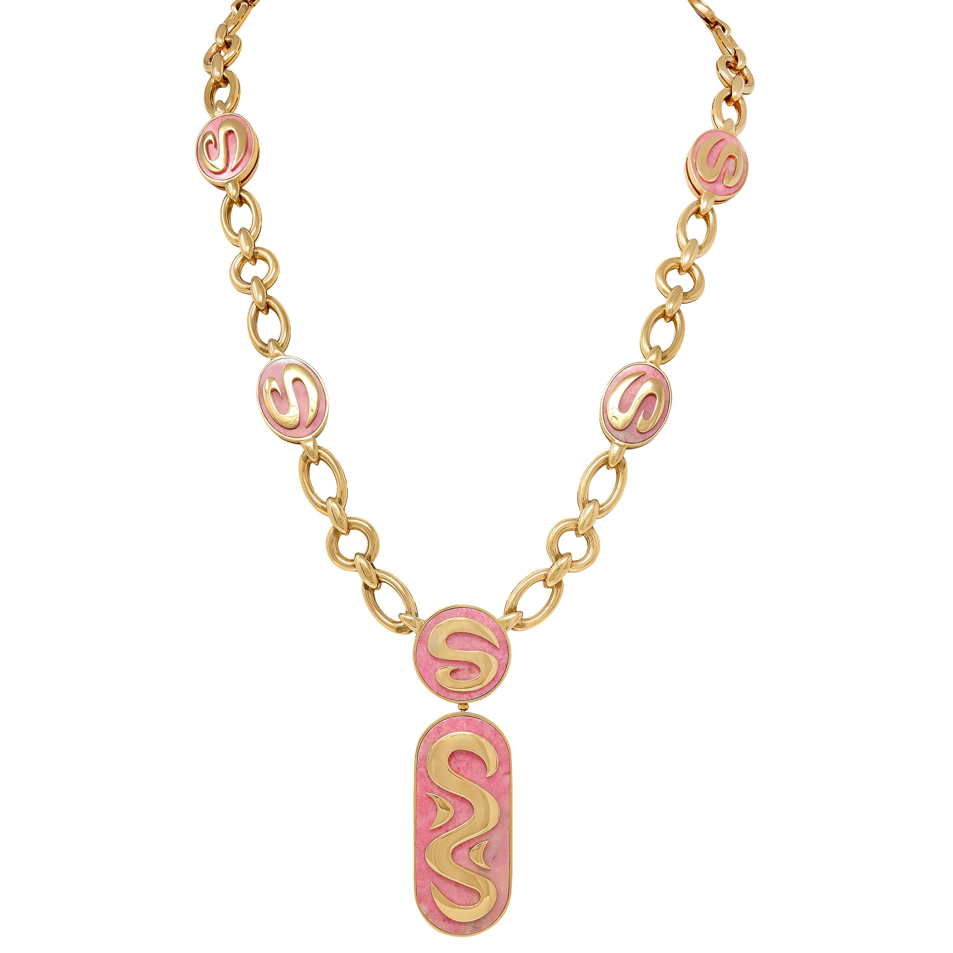 Bulgari 1970's Rhodochrosite 18 Karat Yellow Gold Vintage Station Necklace