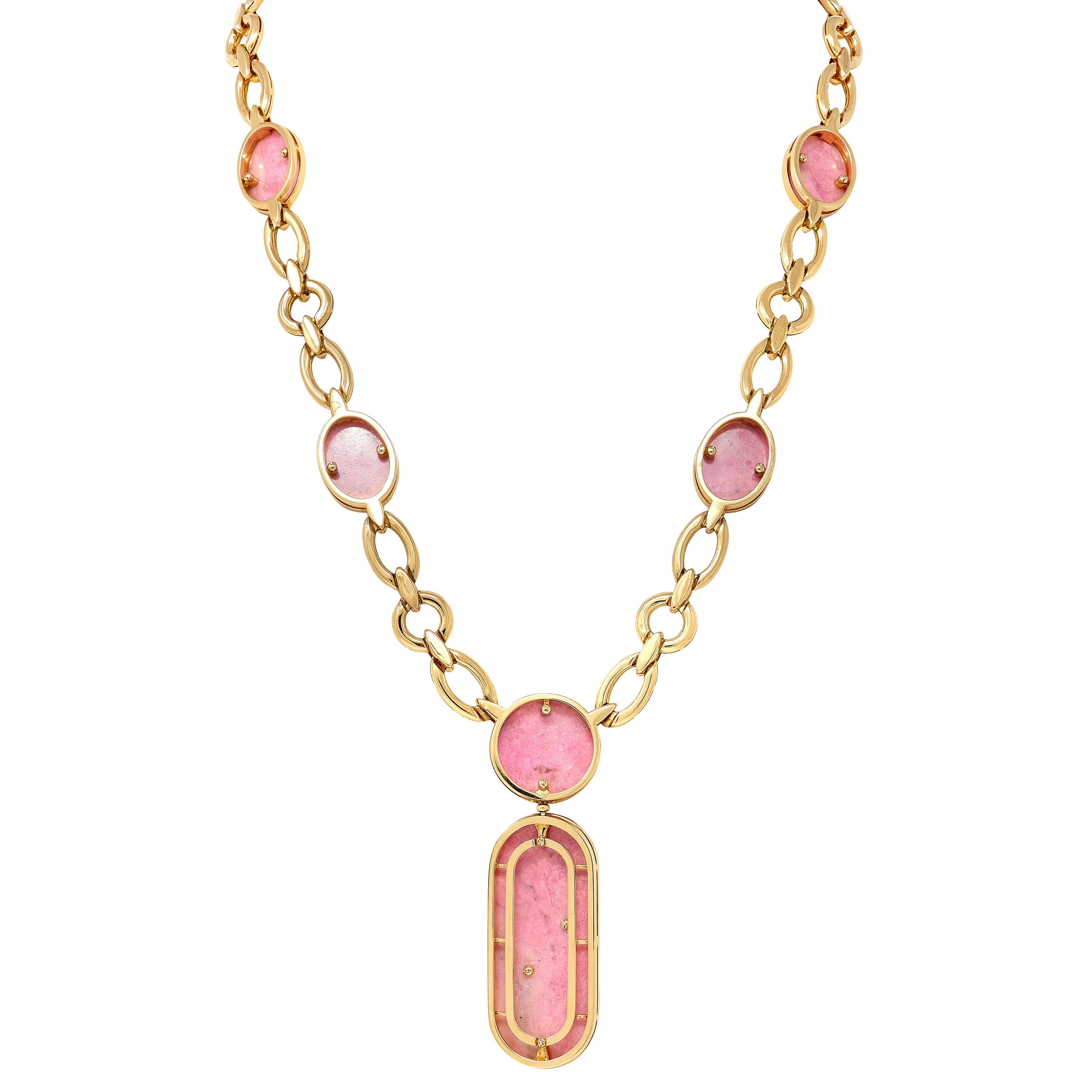 Bulgari 1970's Rhodochrosite 18 Karat Yellow Gold Vintage Station Necklace