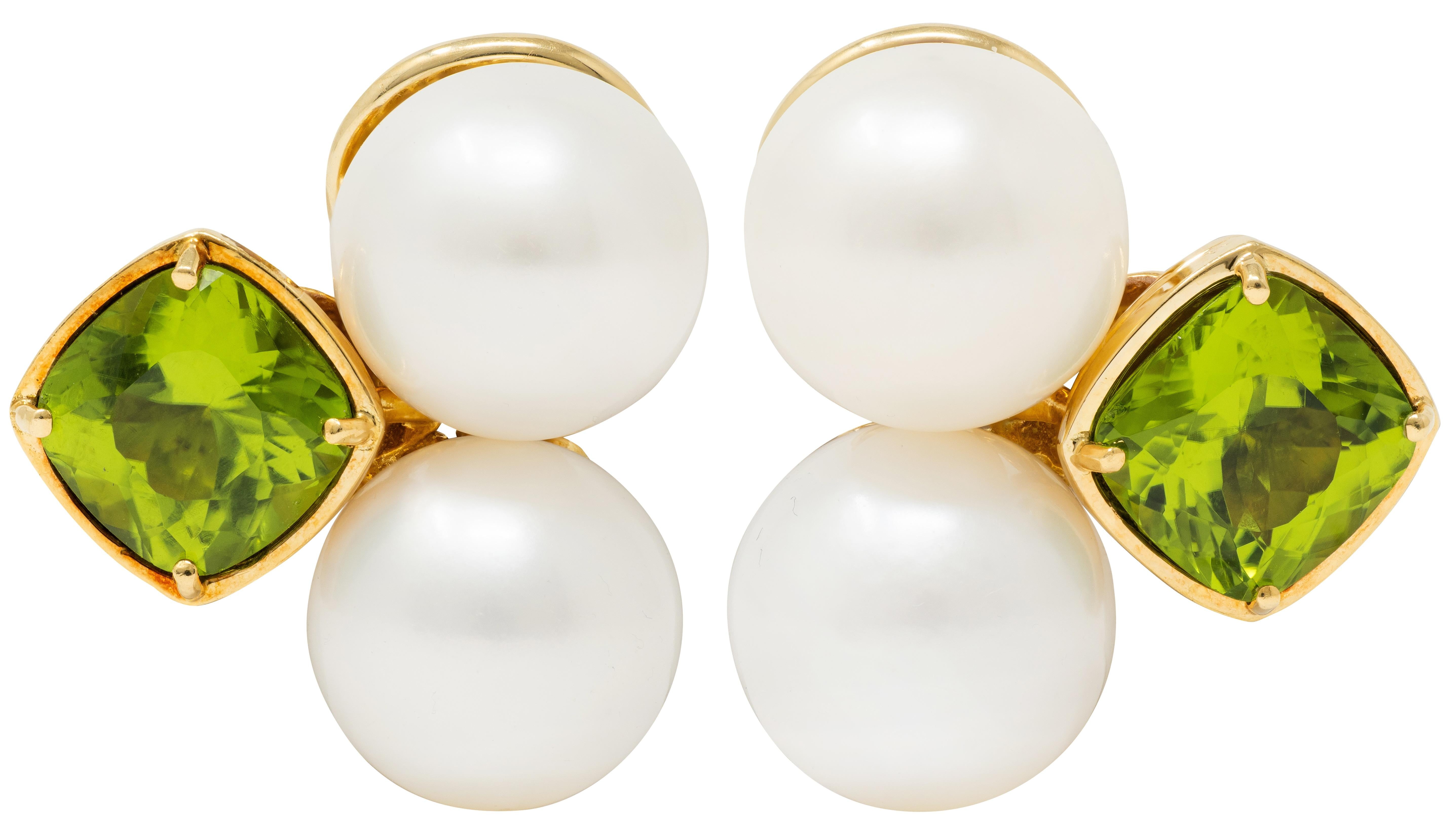 Seaman Schepps 2000's Peridot Pearl 18K Gold Vintage Ear-Clip Earrings