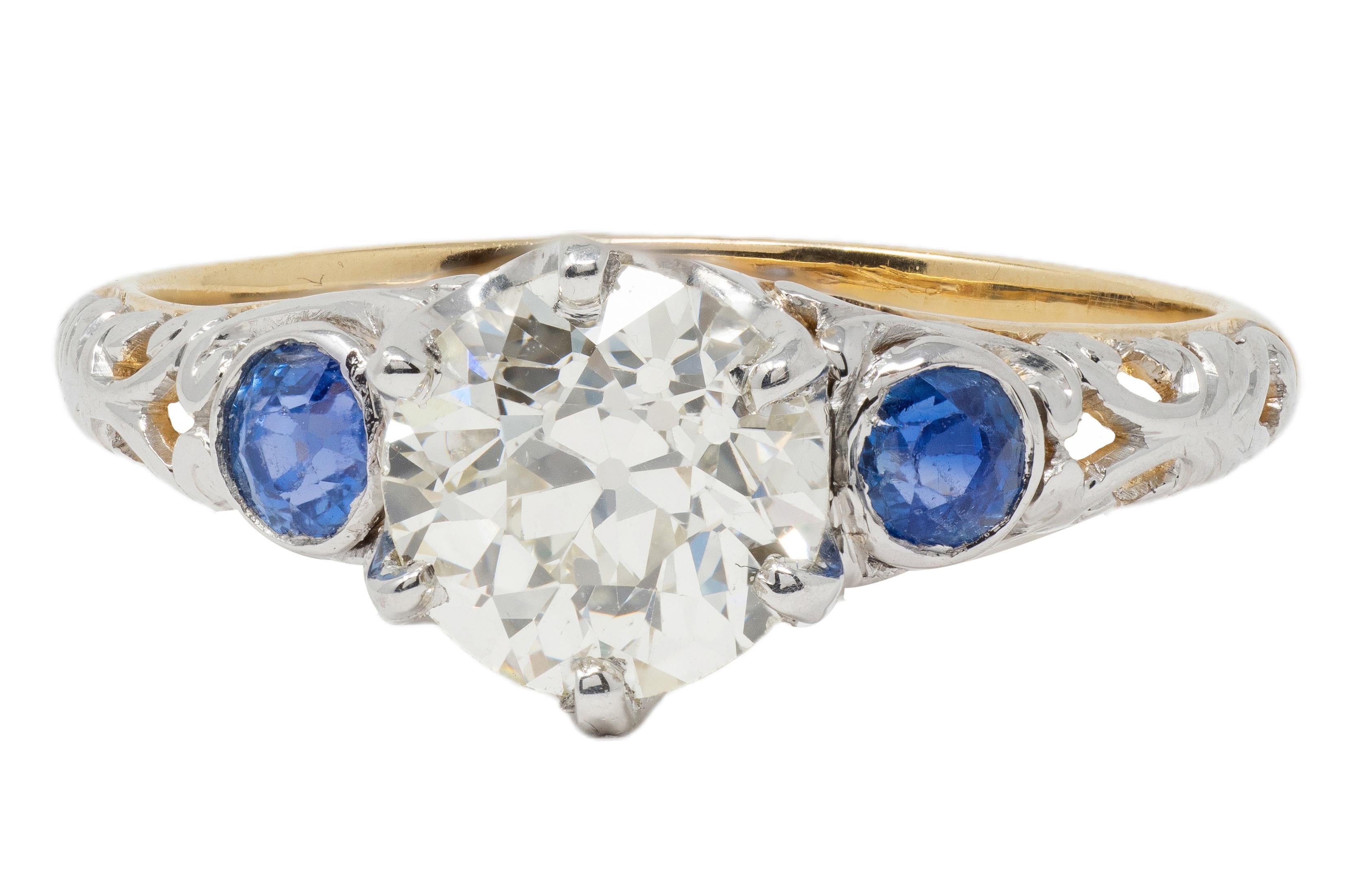 Edwardian European Diamond Sapphire Platinum 18K Antique Engagement Ring
