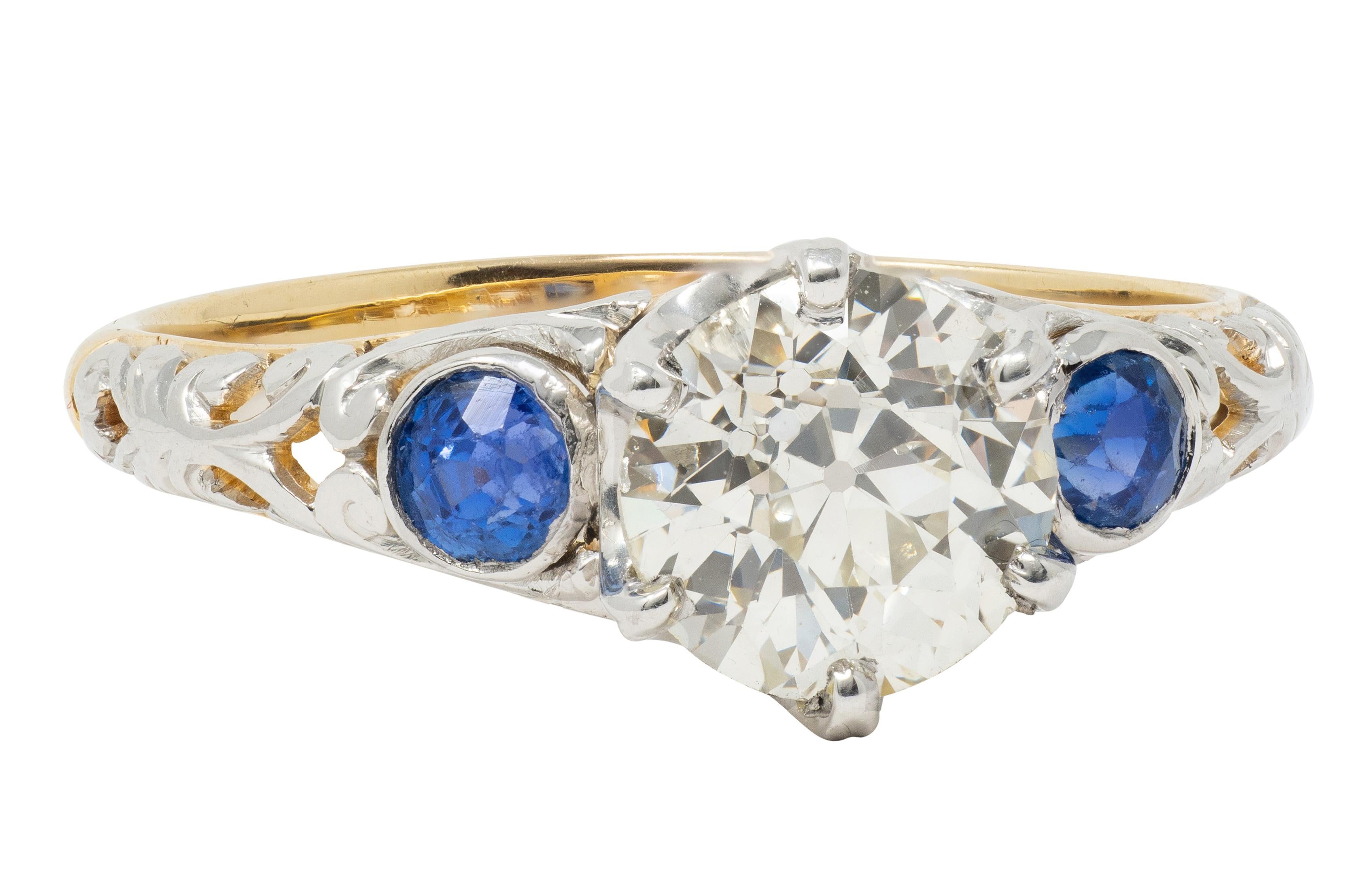 Edwardian European Diamond Sapphire Platinum 18K Antique Engagement Ring