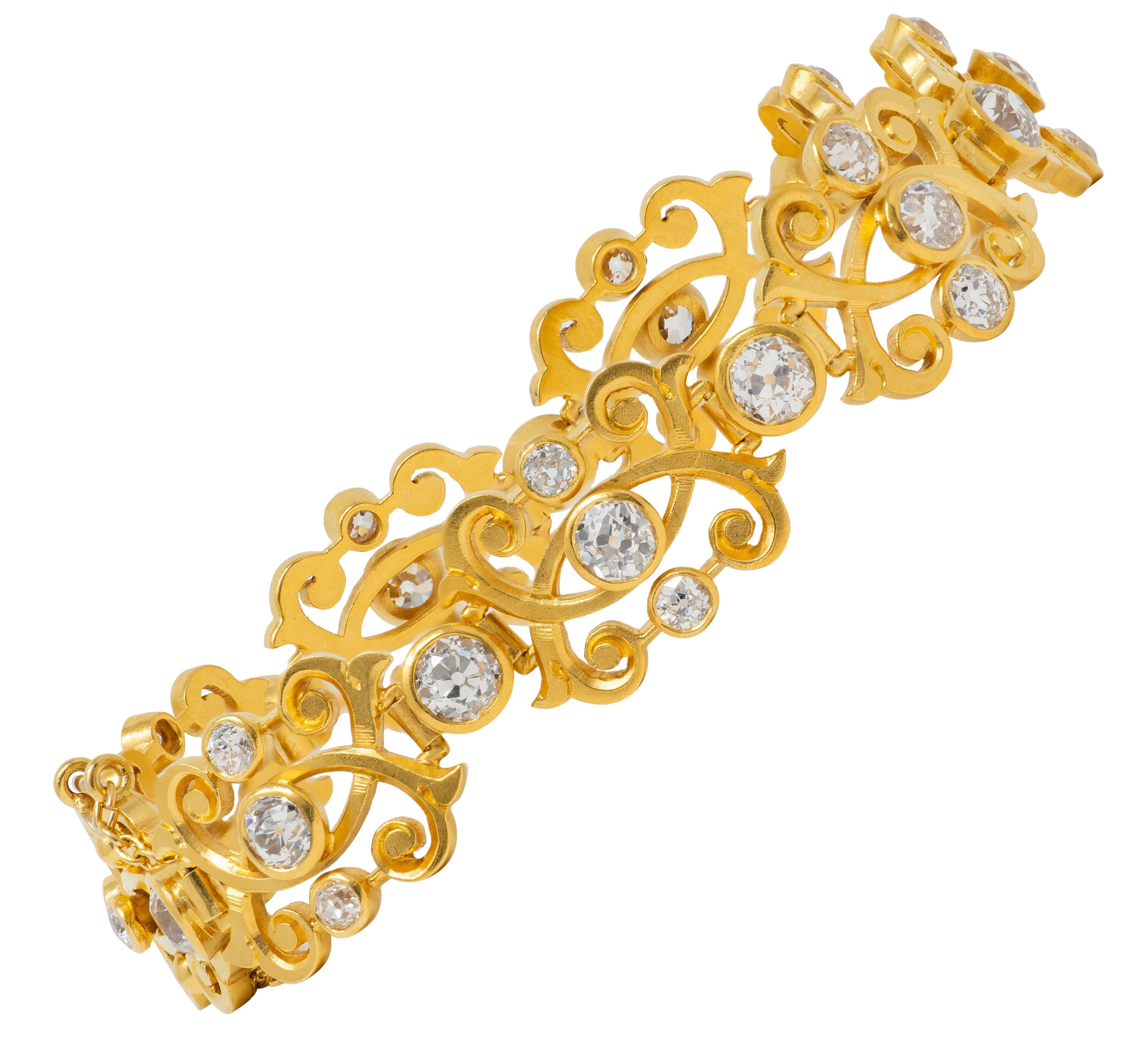 Art Nouveau 6.50 CTW Diamond 18K Yellow Gold Antique Scrolling Link Bracelet