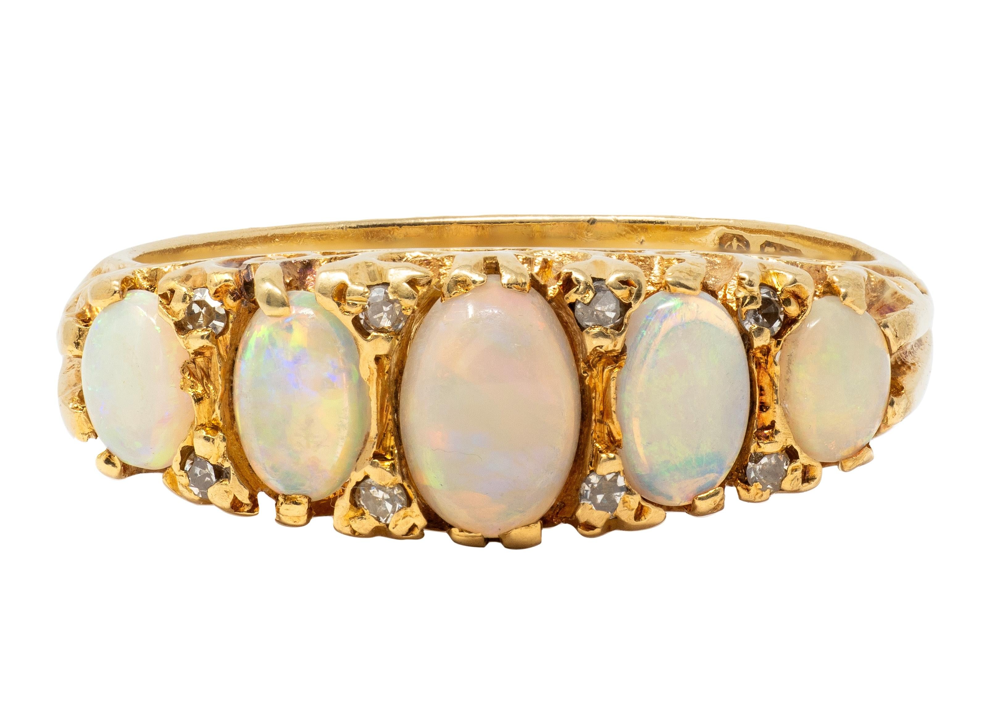Art Nouveau Opal Diamond 18 Karat Yellow Gold Scrolling Antique Band Ring